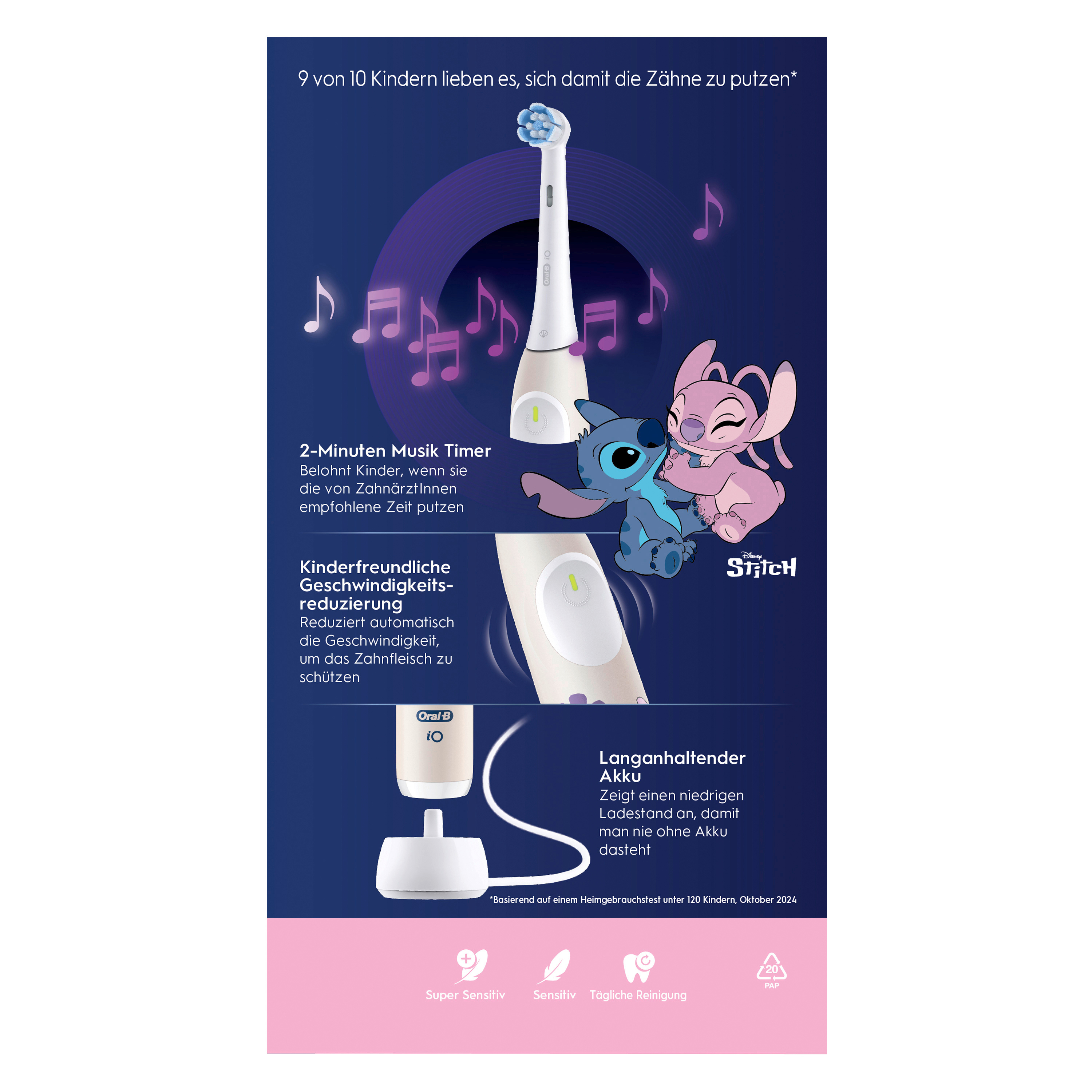Oral-B Kinder-Zahnbürste mit Disney Stitch, Musik-Timer und Ladestation auf blauem Hintergrund.