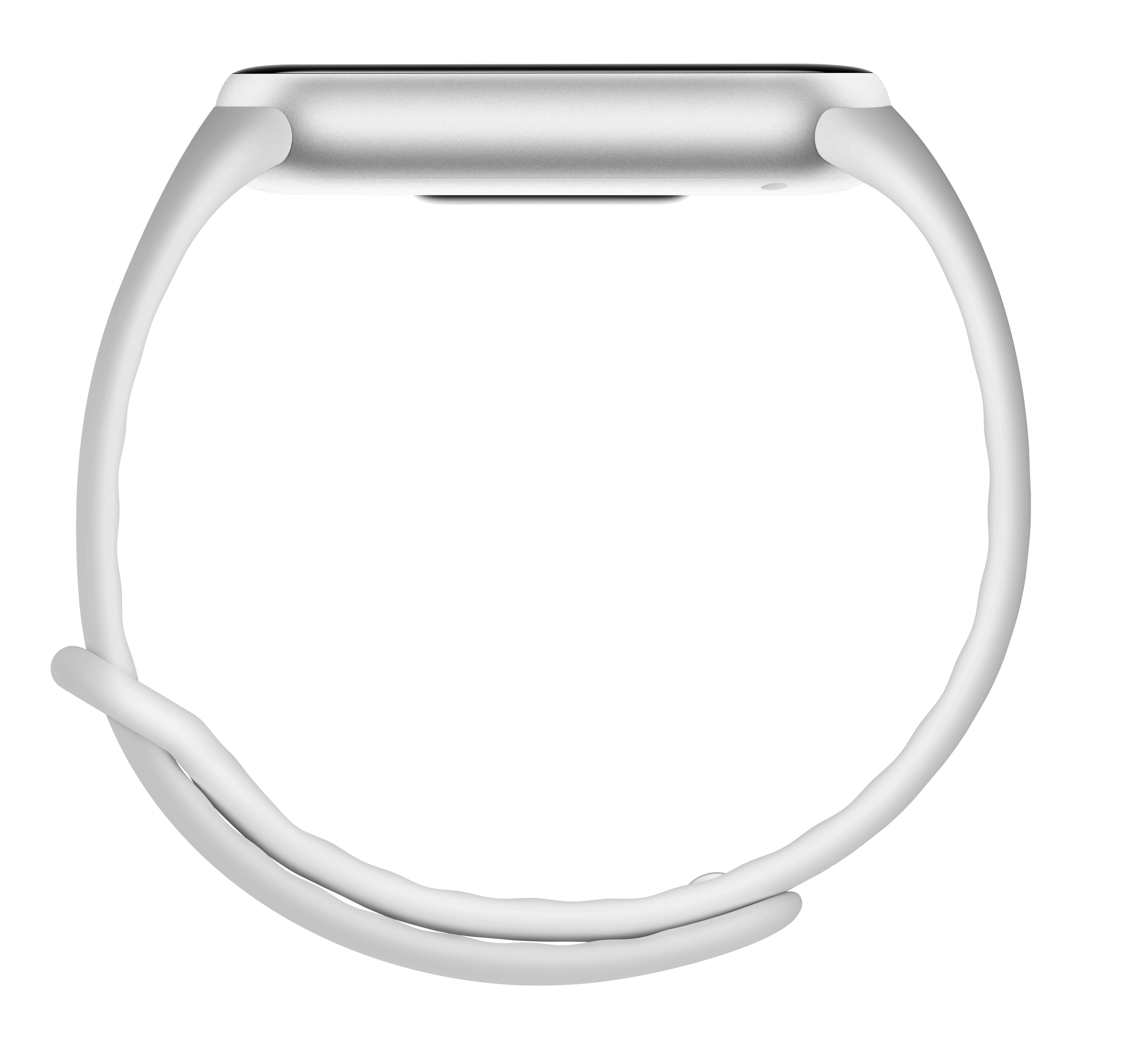 Eine weiße Smartwatch mit einem silbernen Gehäuse und einem weißen Silikonarmband vor weißem Hintergrund.