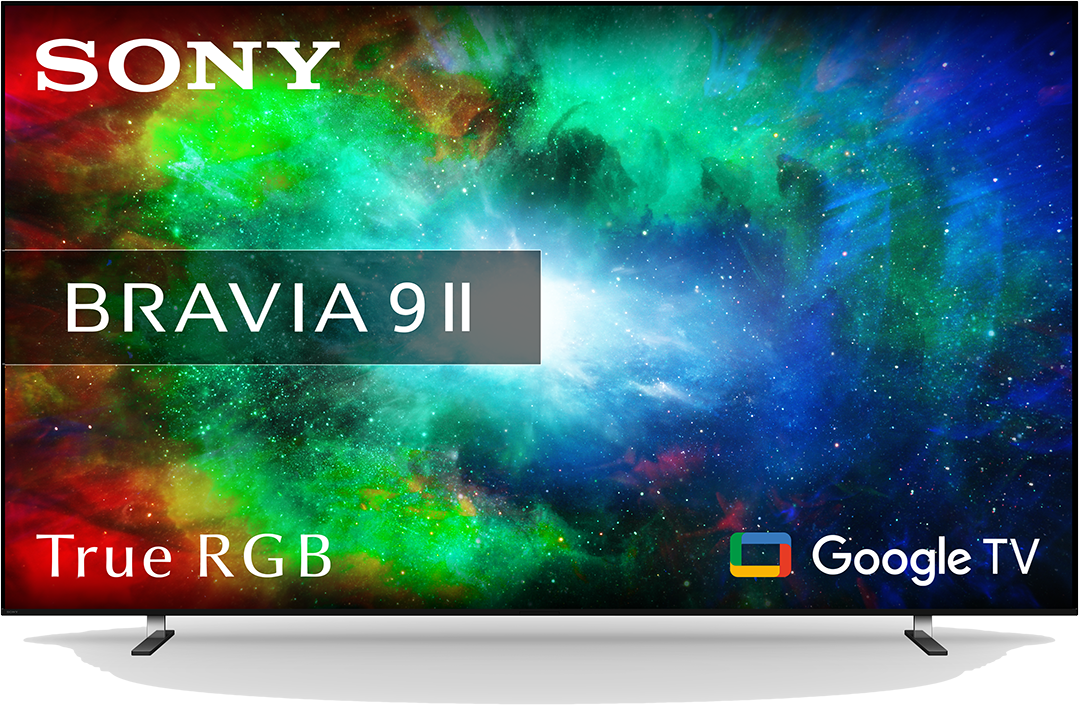 Egy Sony Bravia 9 II TV színes űr hátteret, True RGB-t és Google TV-t mutat.