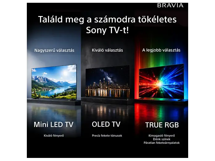 Sony Bravia reklám három tv modellel: Mini LED, OLED és True RGB s ötét háttér előtt.