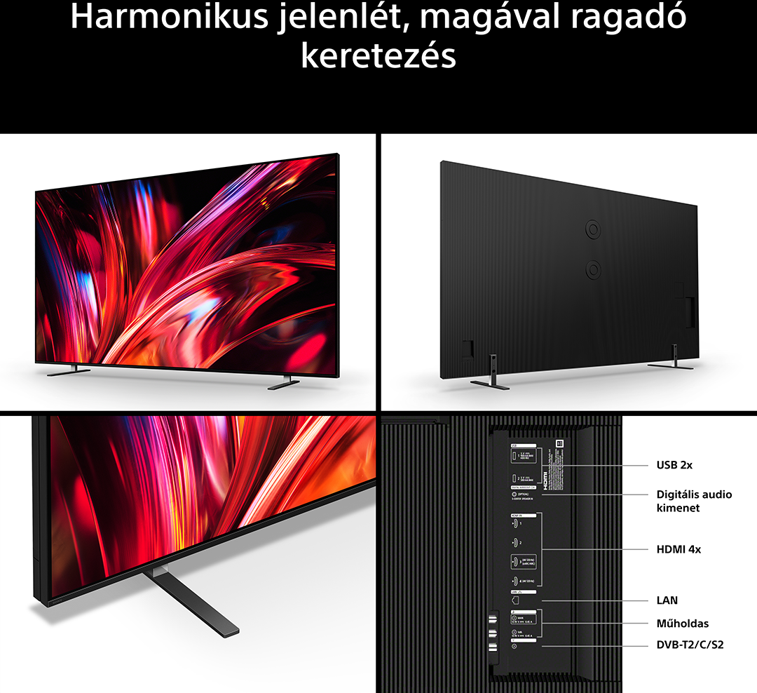 Egy modern tévé négy nézete: színes kijelző, talp, hátlap és csatlakozók.