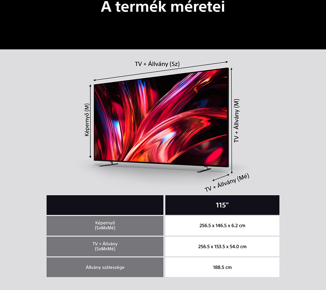 Diagram egy 115 hüvelykes TV méreteivel, képernyő és állvány méretekkel.