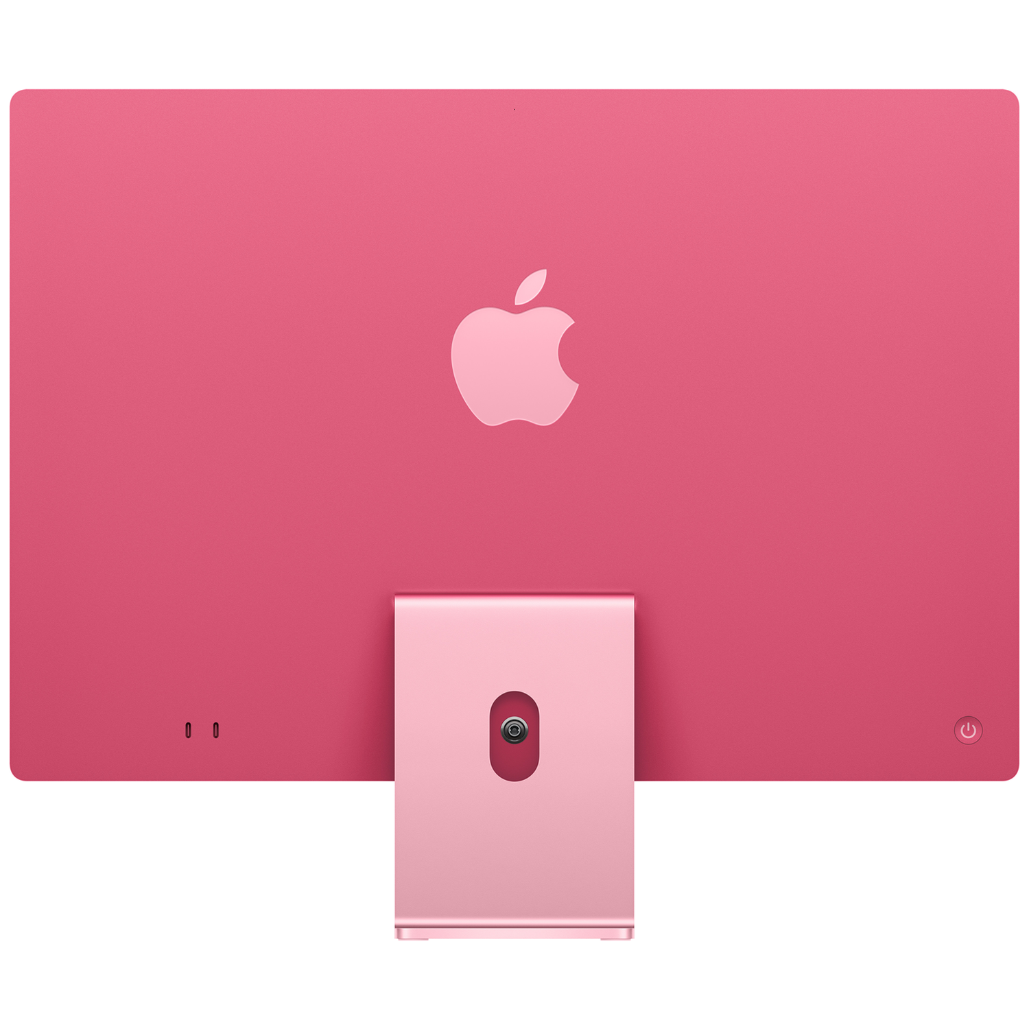 Achteraanzicht van een roze iMac-computer met standaard en Apple-logo.