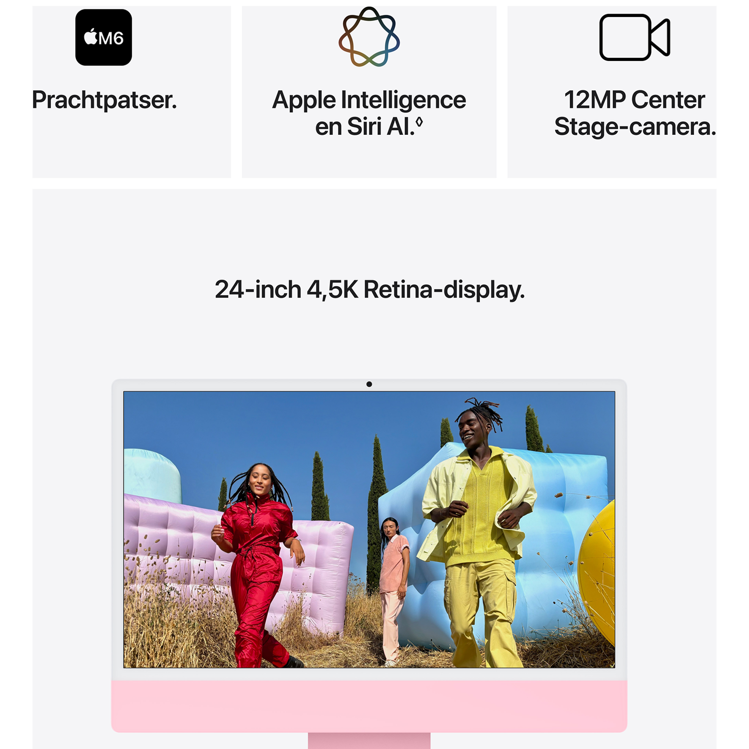 Presentatie van iMac-functies, waaronder de M4-chip, Apple Intelligence en een 24-inch Retina-display.