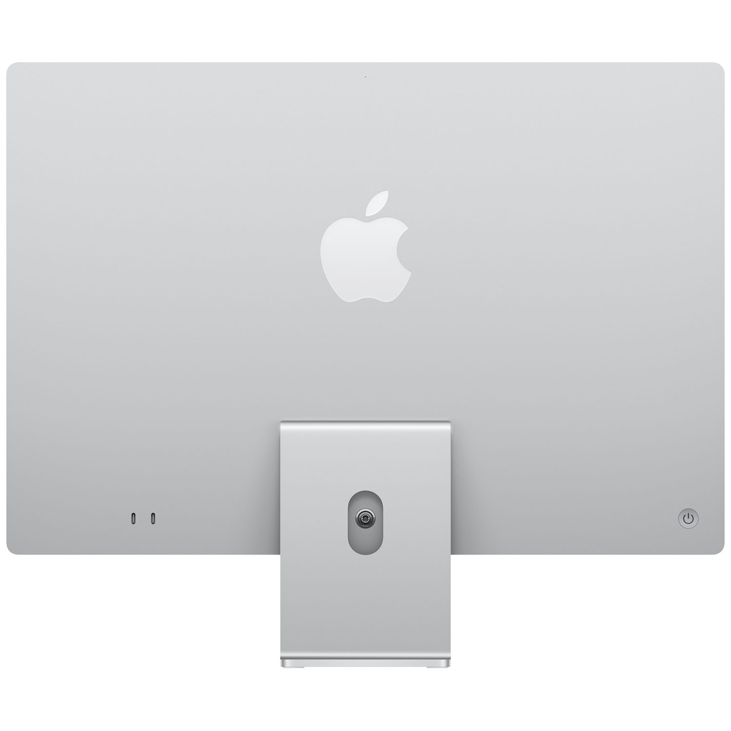 Achterkant van een zilveren Apple computer met appel-logo en standaard op witte achtergrond.