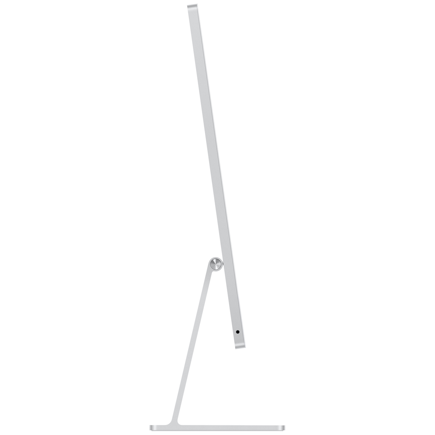 Zijaanzicht van een slanke zilveren all-in-one computer op een standaardt tegen een witte achtergrond.