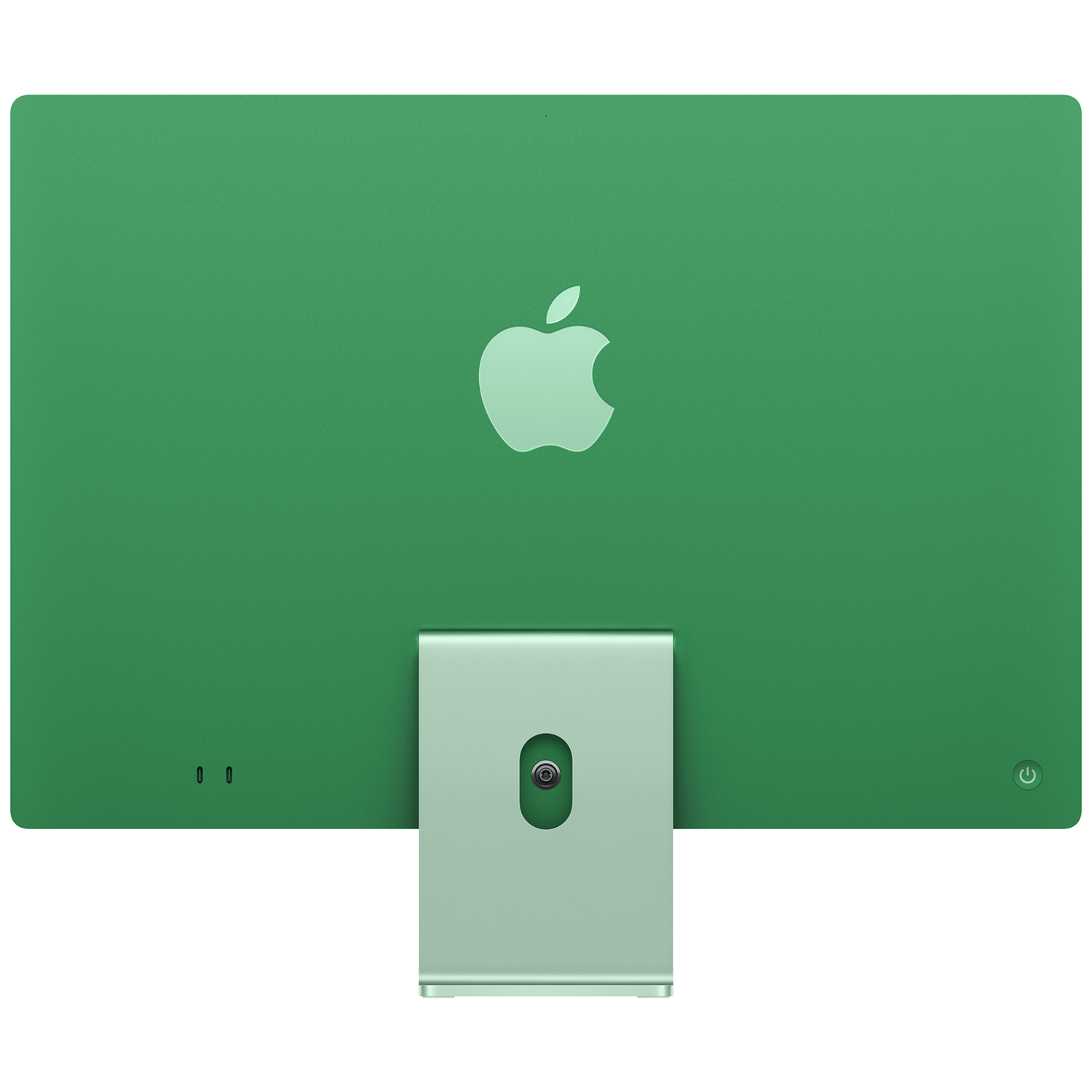 De achterkant van een groene Apple iMac met een lichtgroene standaard tegen een witte achtergrond.