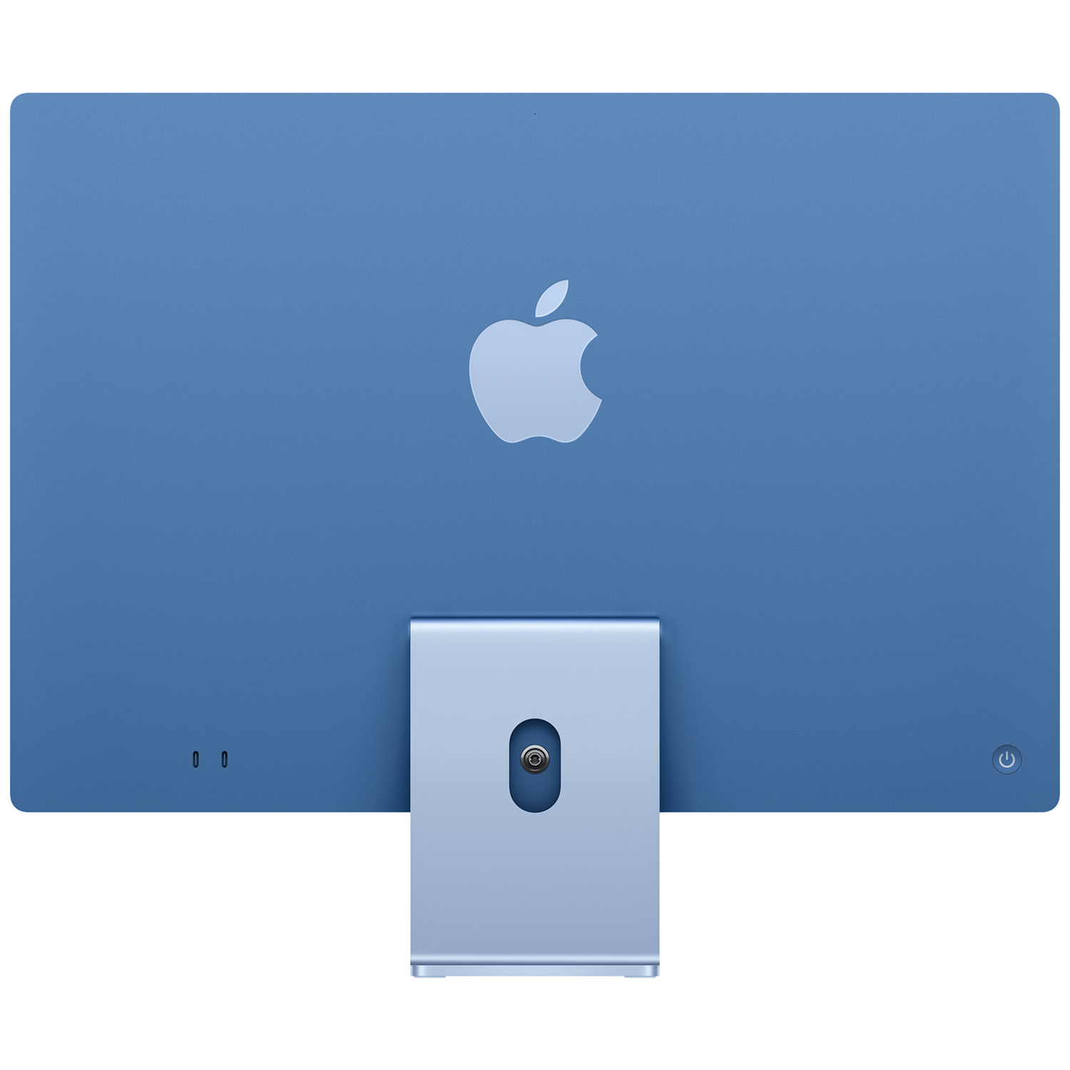 Achteraanzicht van een blauwe iMac-computer op een witte achtergrond, met het Apple-logo.