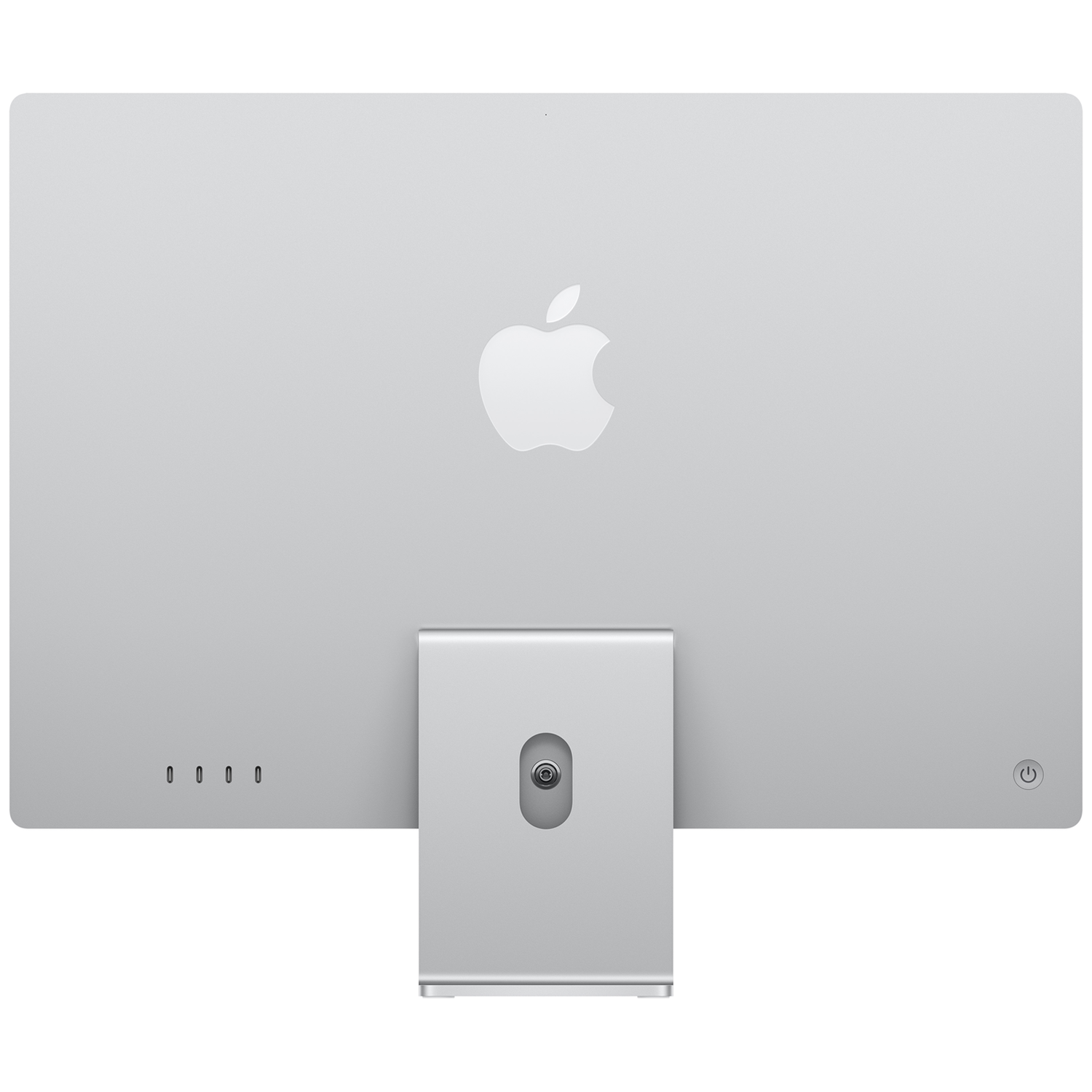 De zilveren achterkant van een Apple iMac-monitor met een centraal Apple-logo.
