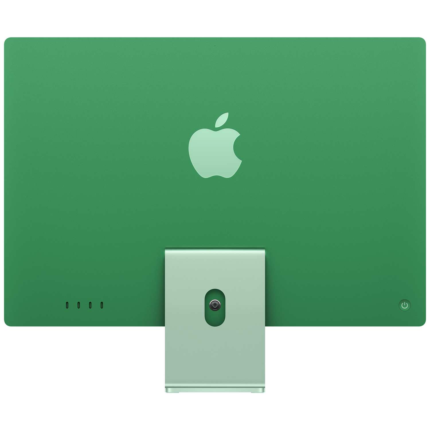 Achterkant van een groene Apple iMac met standaard op witte achtergrond.