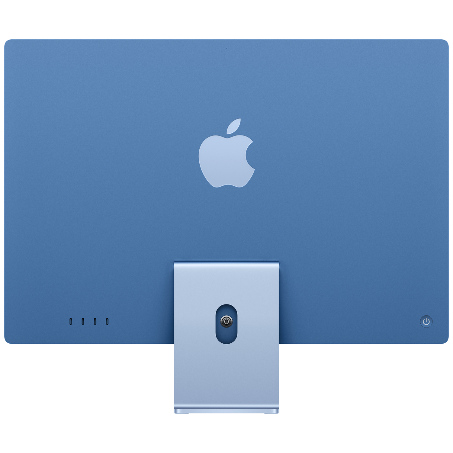 De achterkant van een blauwe iMac met een zilveren Apple-logo in het midden en een zilveren standaard op witte achtergrond.