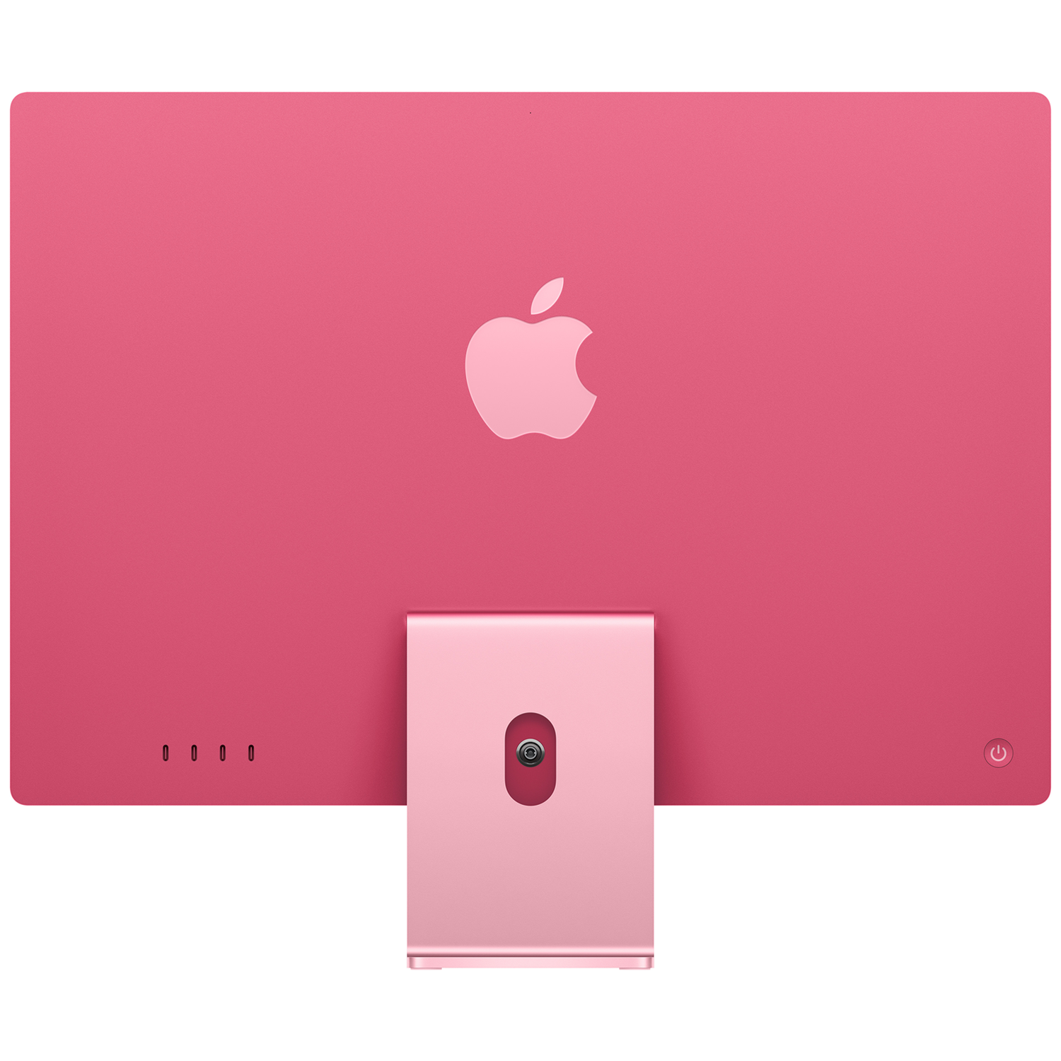 Achteraanzicht van een roze iMac-computer met lichtroze stand en Apple-logo.