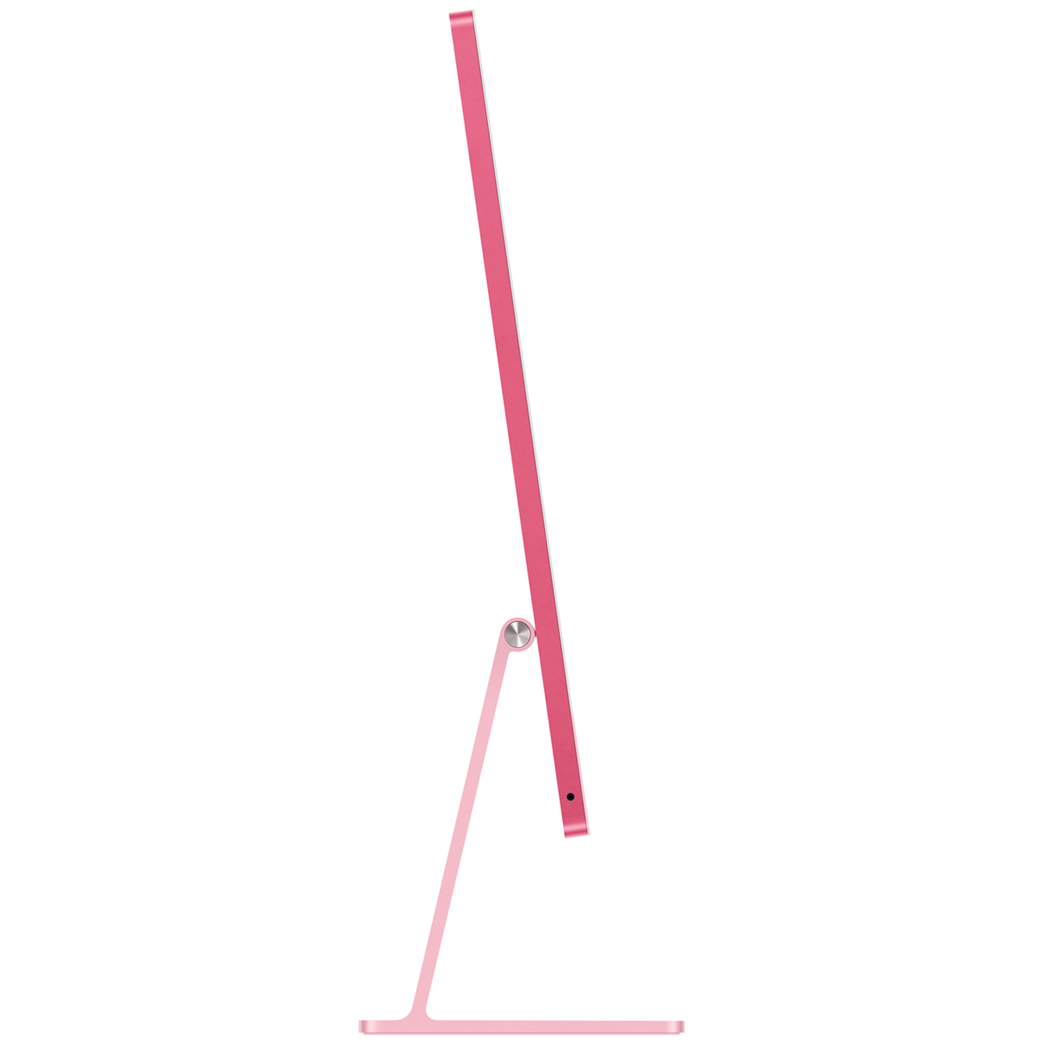 Zijaanzicht van een dunne, roze all-in-one computer op een witte achtergrond.
