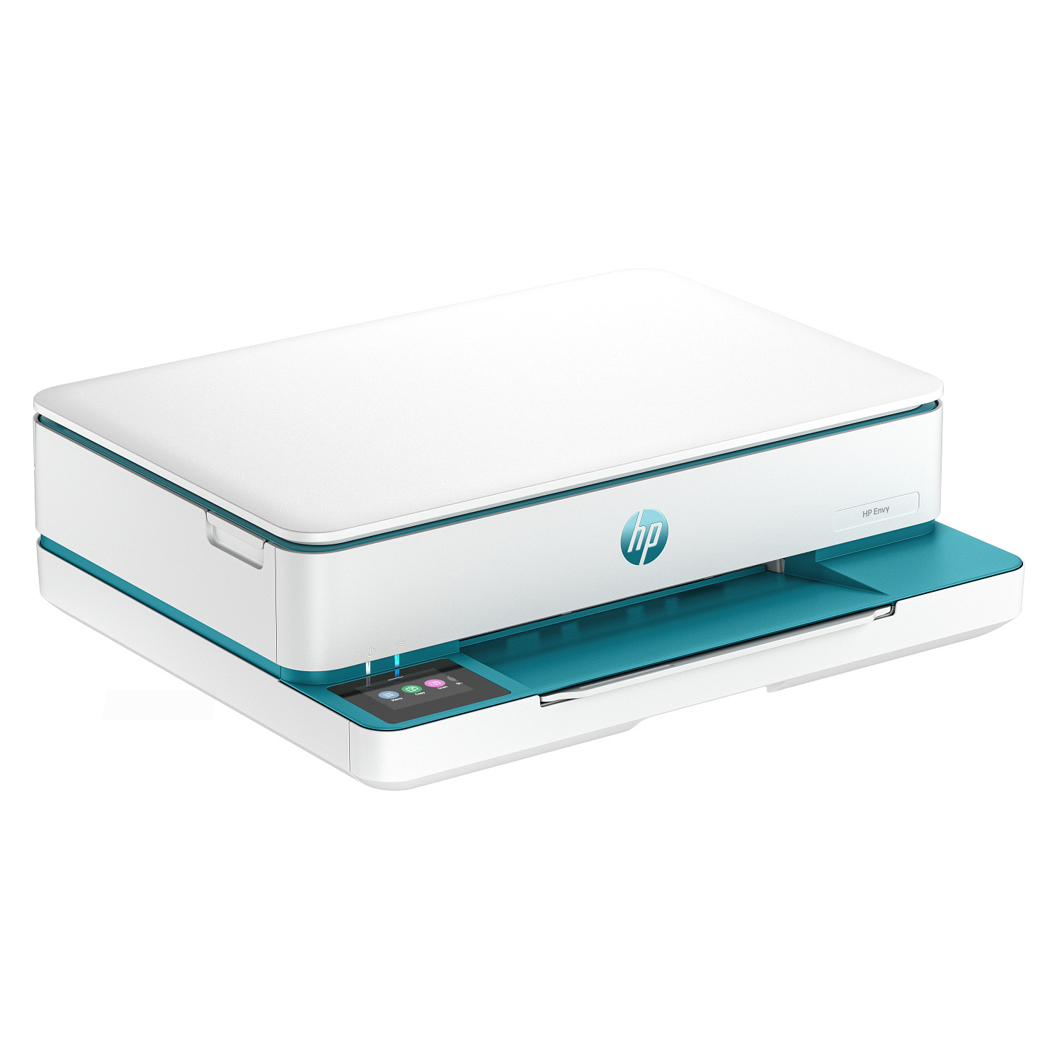 Una impresora HP Envy blanca y turquesa sobre un fondo blanco.