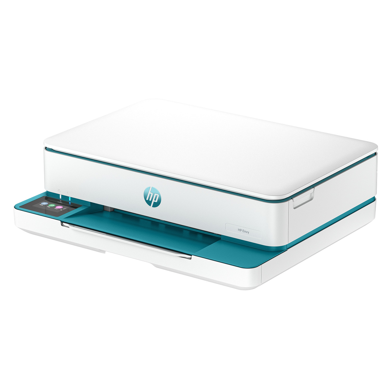 Una impresora HP Envy blanca y verde azulado sobre fondo blanco.