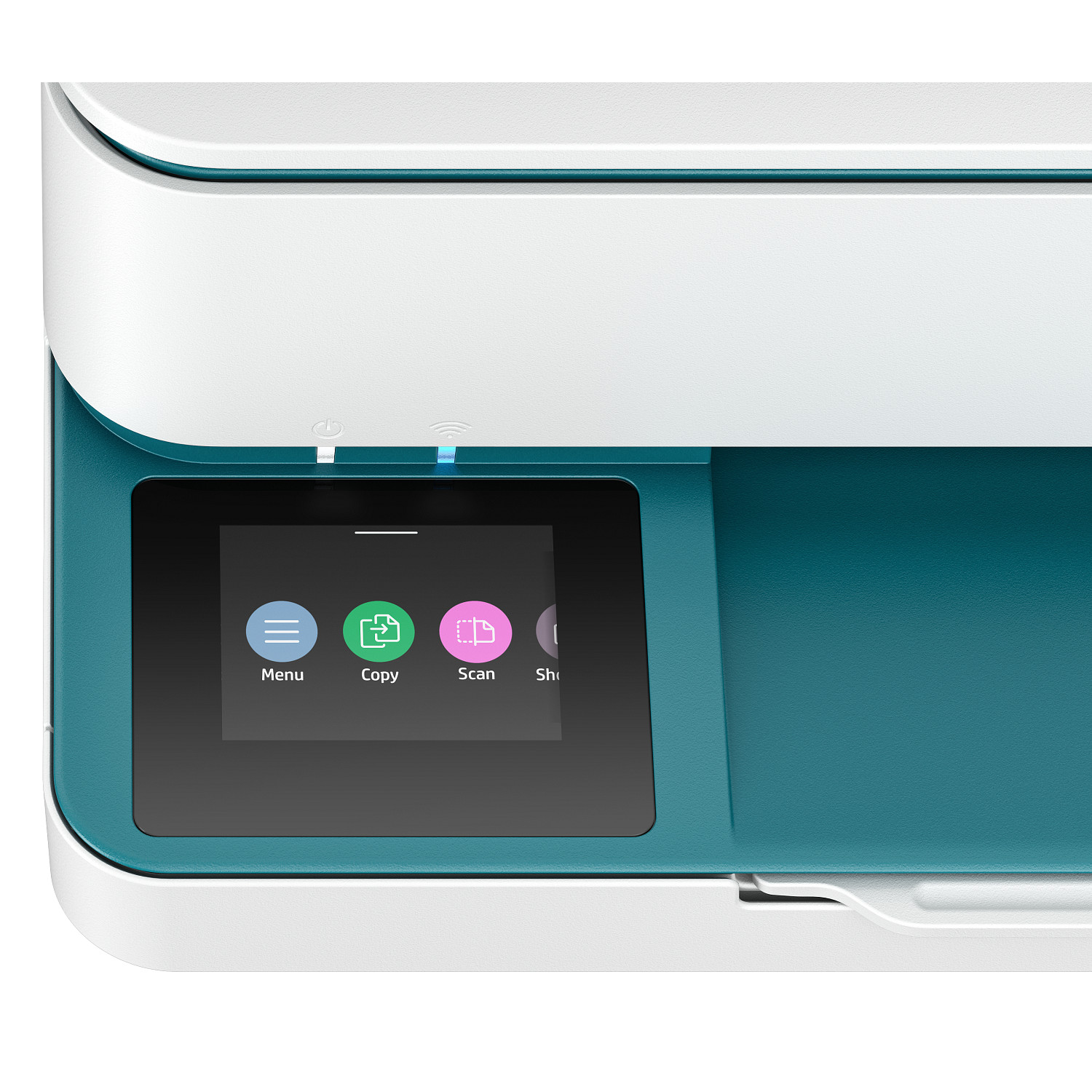Una impresora blanca y verde azulado con una pantalla táctil digital que muestra iconos de menú, copia y escaneo.