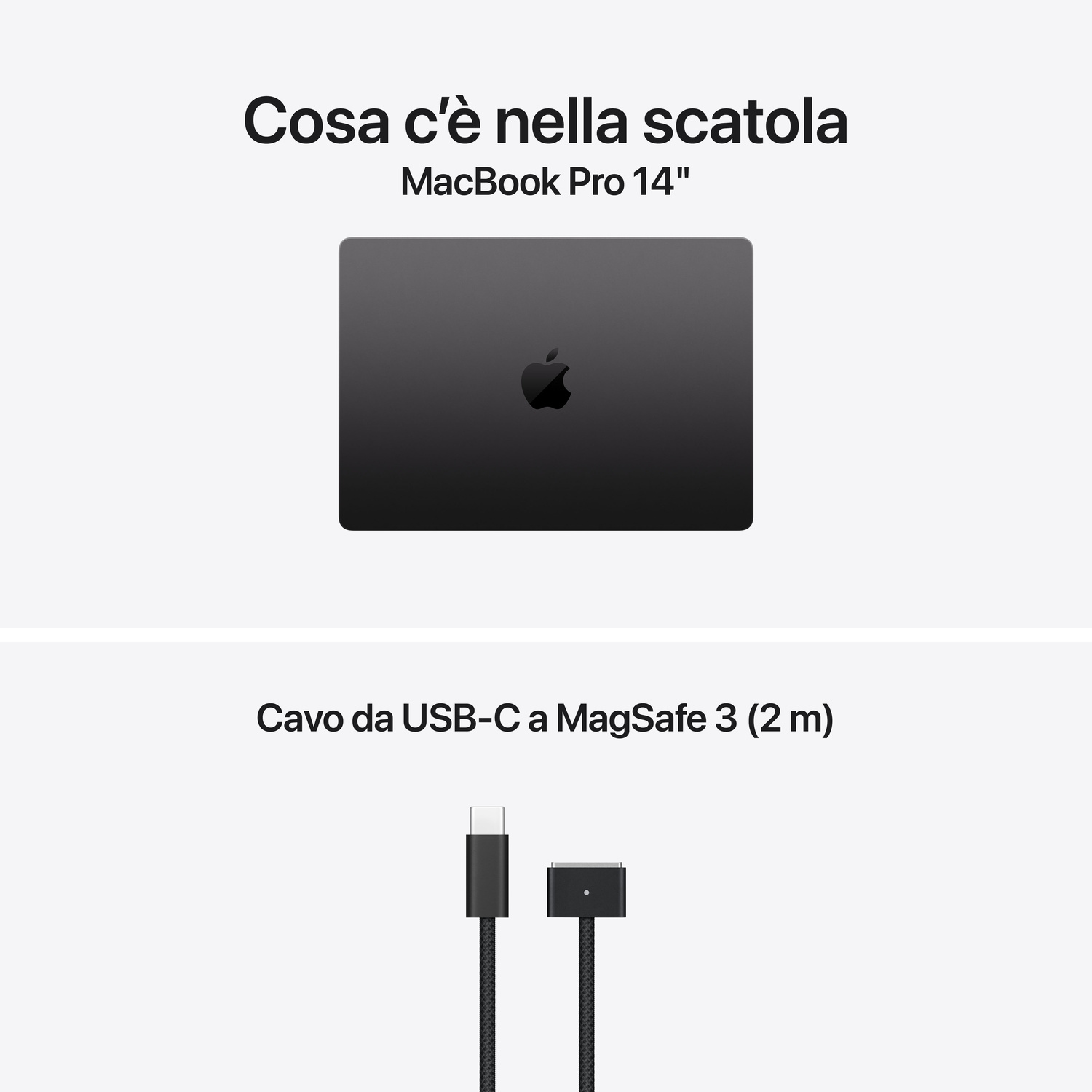 Contenuto della confezione del MacBook Pro 14 pollici con laptop e cavo da USB-C a MagSafe 3.