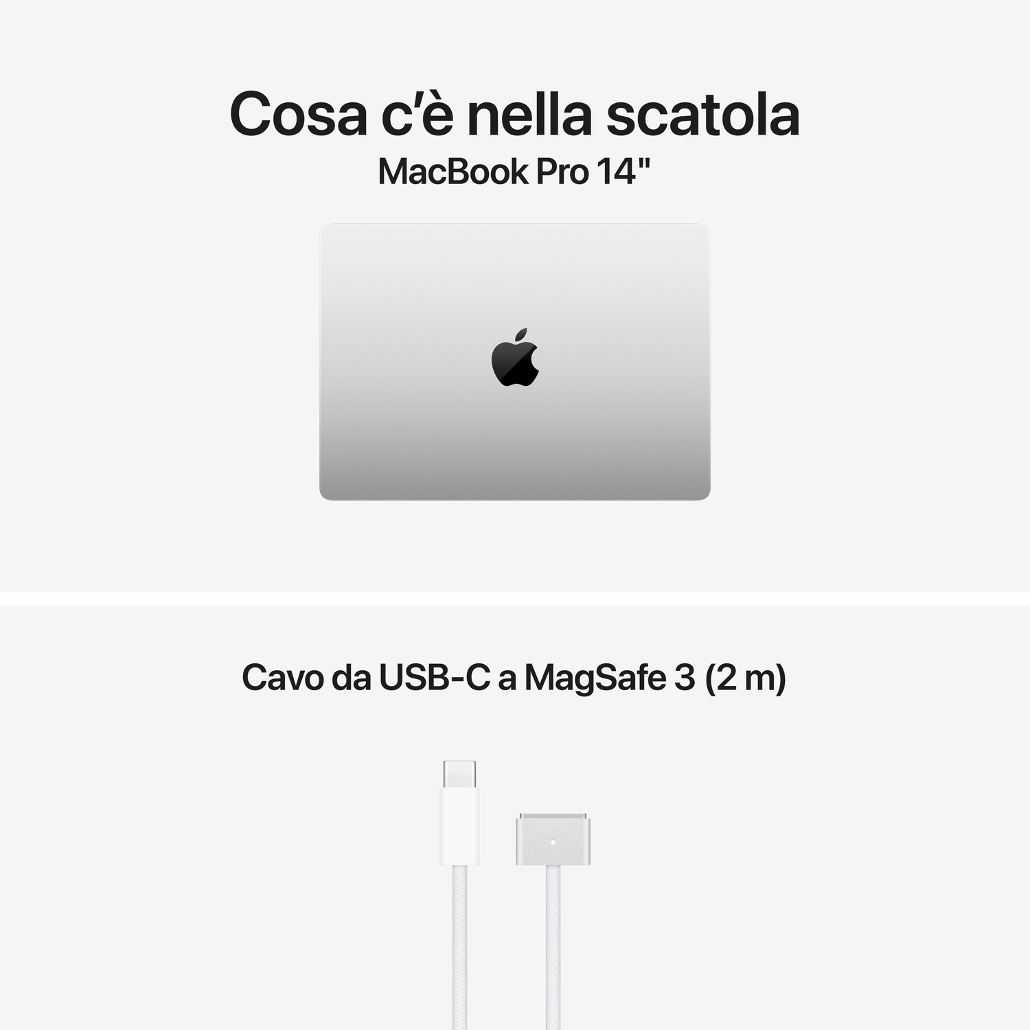 Contenuto della confezione del MacBook Pro da 14 pollici con portatile e cavo da USB-C a MagSafe 3.