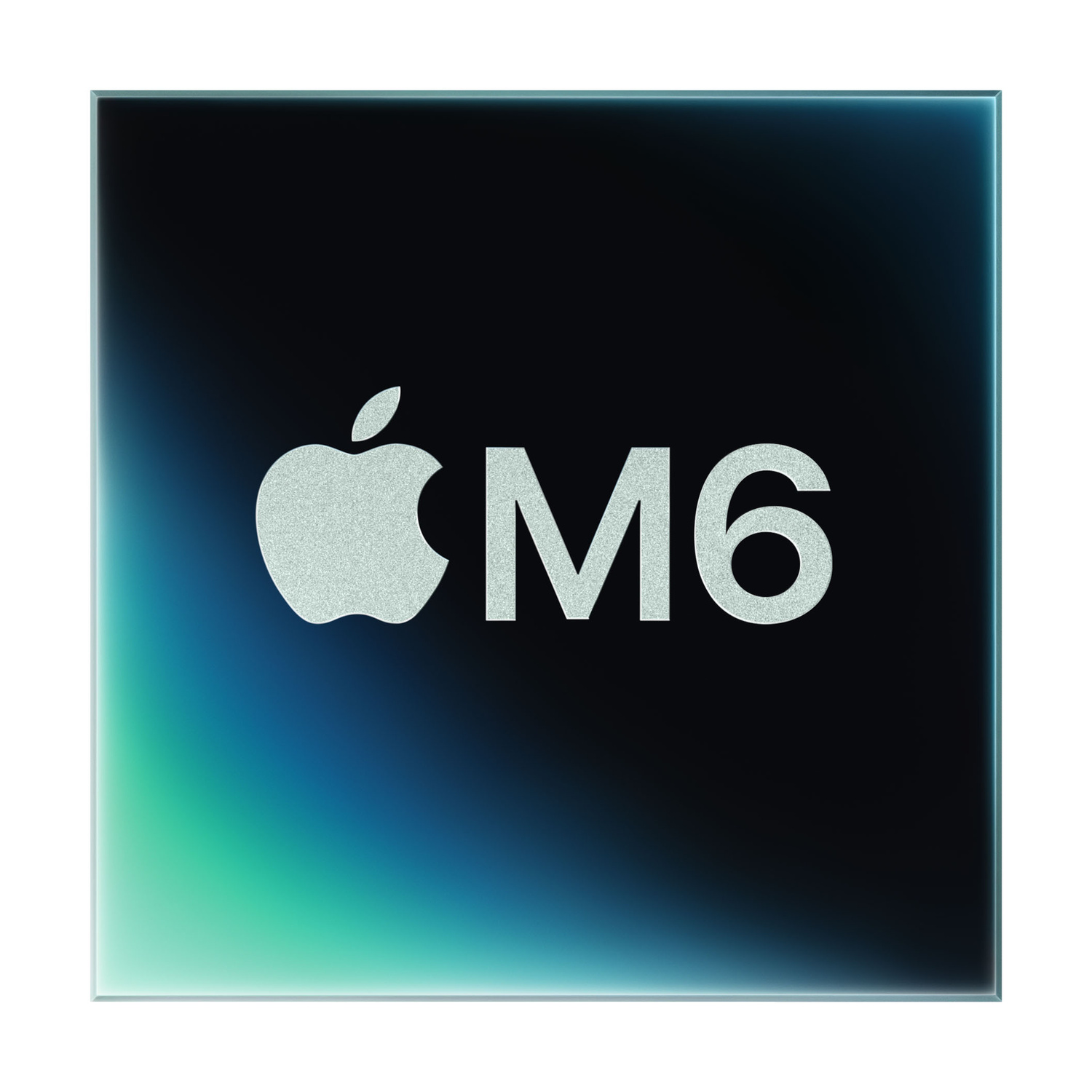Il logo Apple accanto alla scritta M6 su sfondo blu scuro e turchese luminoso.