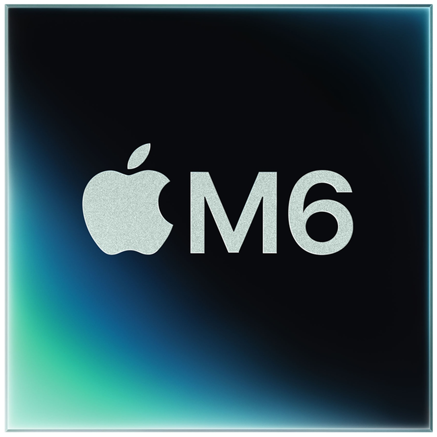 Het Apple-logo naast de tekst M6 op een donkerblauwe en groene achtergrond.