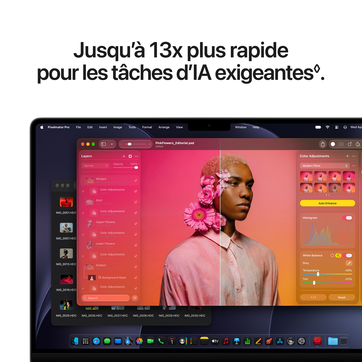 Écran de MacBook Pro affichant le logiciel Pixelmator Pro avec des panneaux de calques et de retouche.