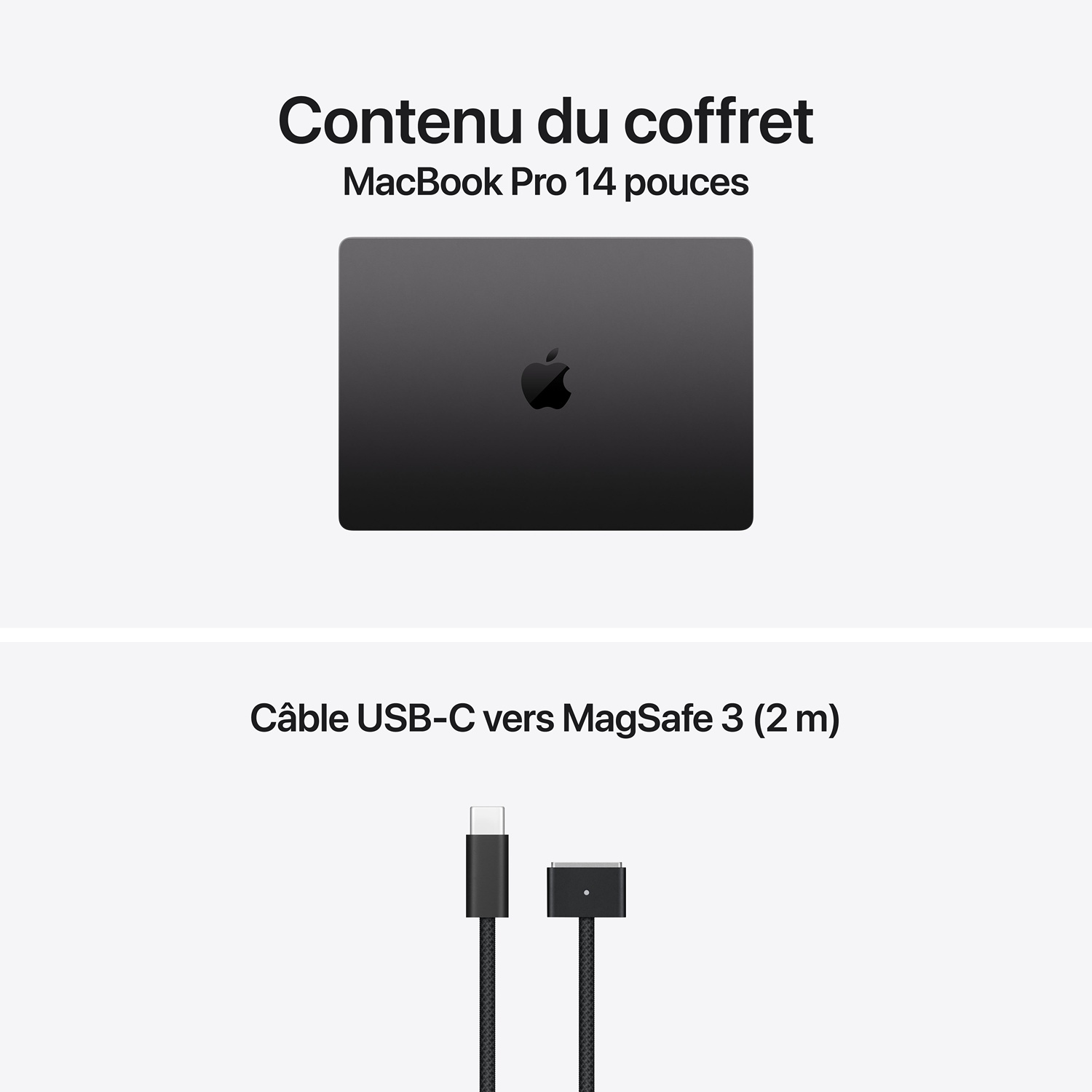 Contenu du coffret : MacBook Pro 14 pouces et câble USB-C vers MagSafe 3 (2 m).
