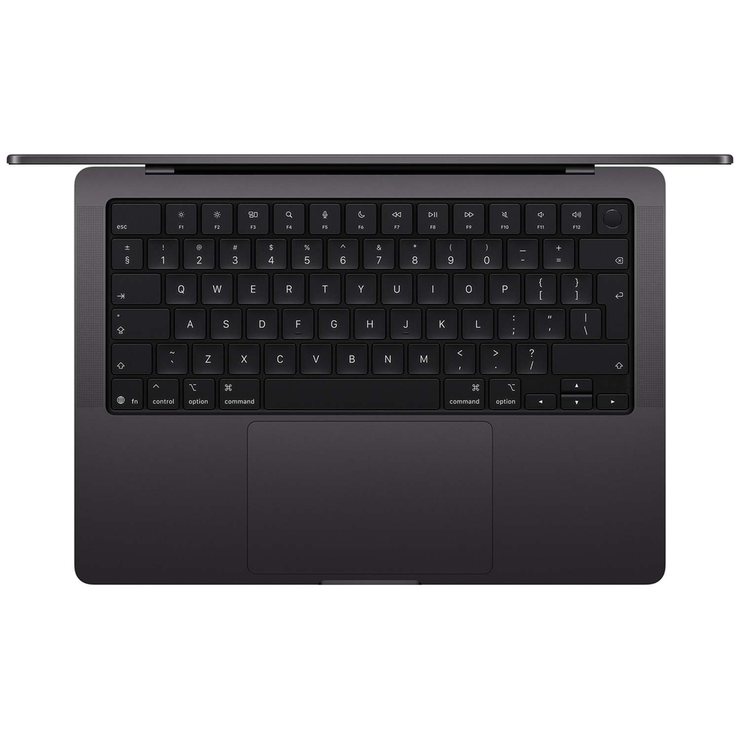 Bovenaanzicht van een grijs laptoptoetsenbord met een trackpad op een vlakke ondergrond.