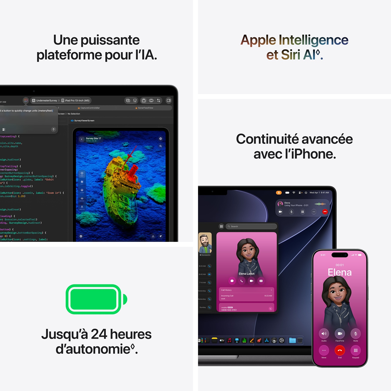 Présentation d'appareils Apple, d'interfaces logicielles et de fonctionnalités telles que l'IA, l'intégration iPhone.