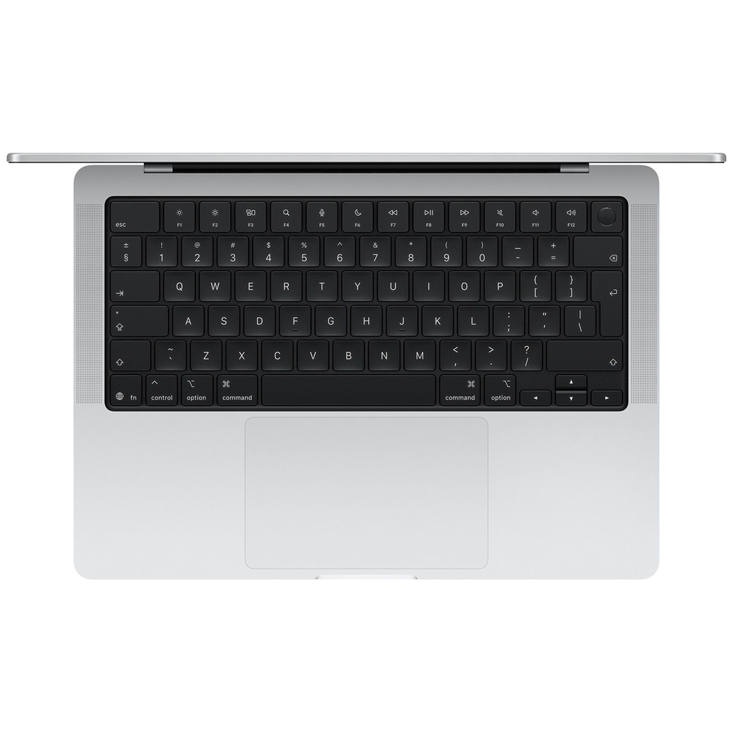 Bovenaanzicht van een zilveren laptoptoetsenbord met zwarte toetsen en trackpad.