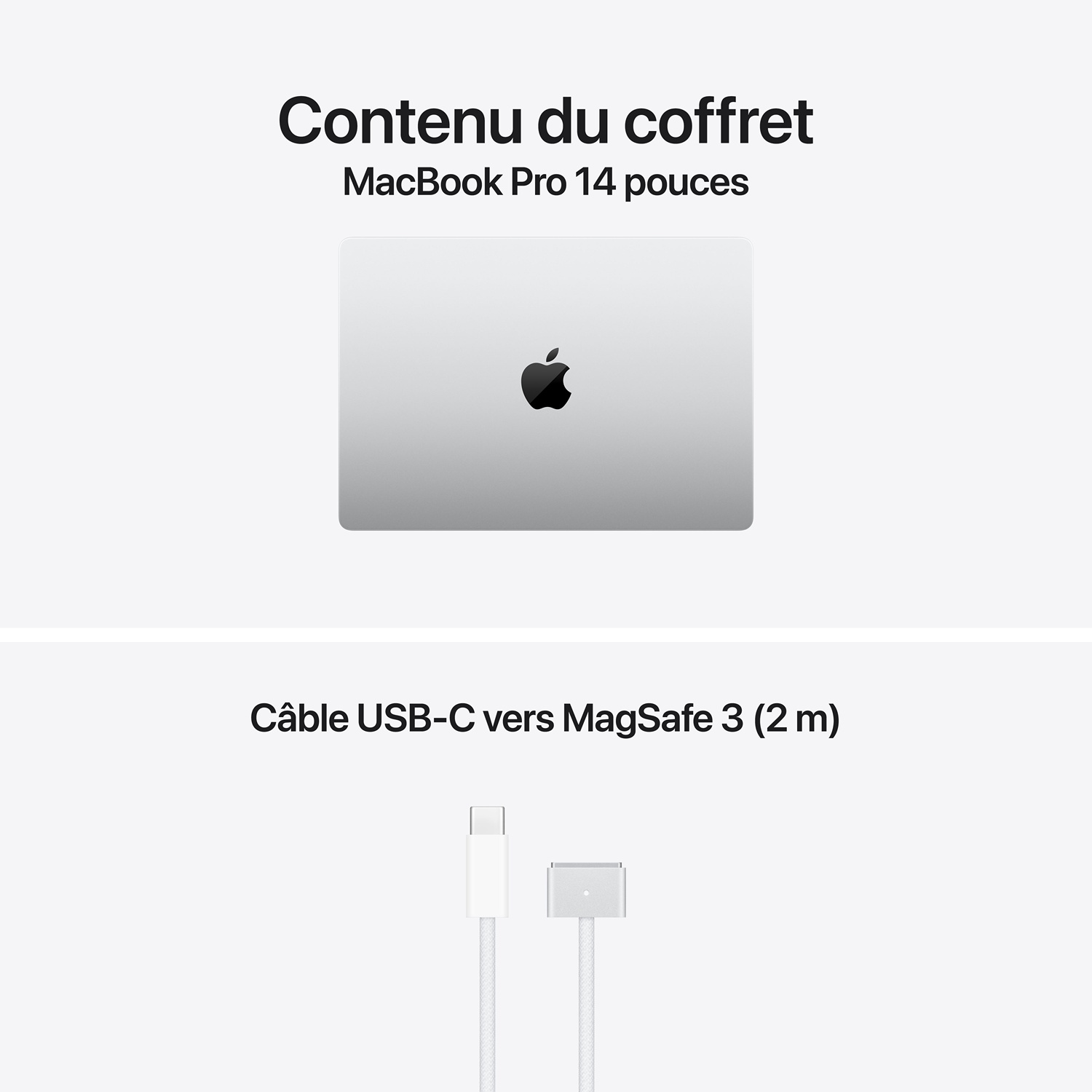 Contenu du coffret montrant un MacBook Pro 14 et un câble USB-C vers MagSafe 3.
