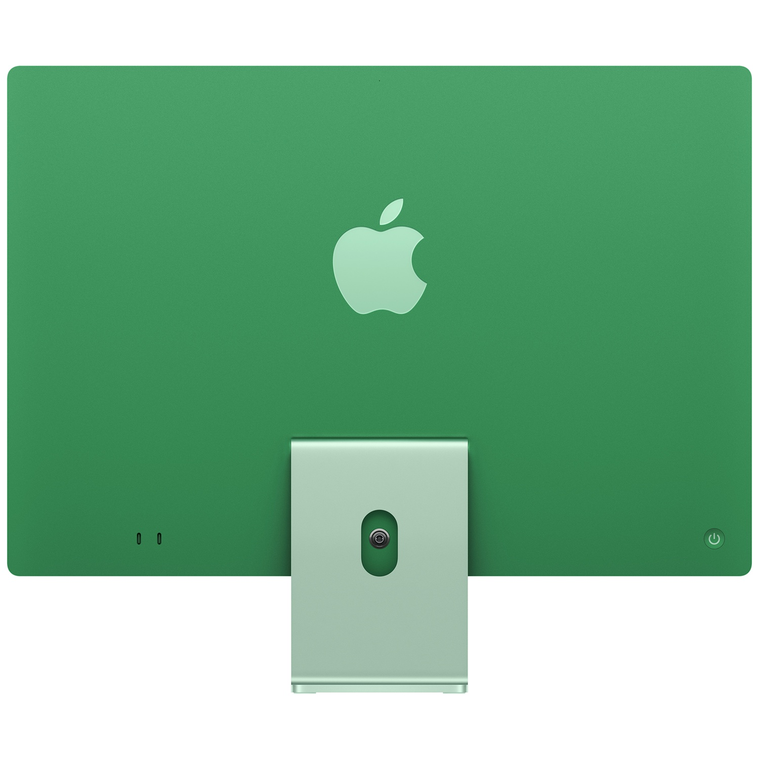 De achterkant van een groene iMac met Apple logo en standaard.