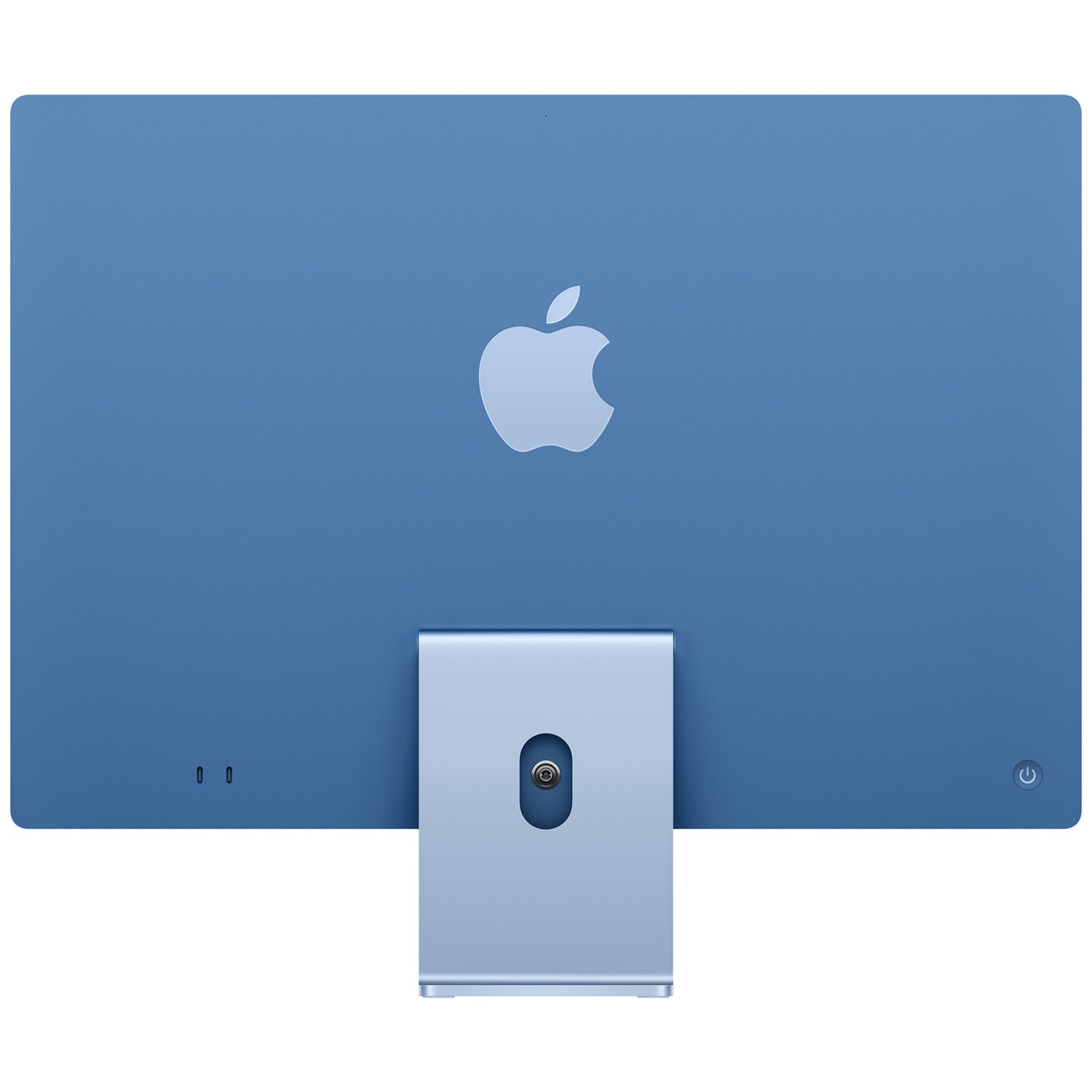 De achterkant van een blauwe iMac met Apple-logo, stand en poorten.