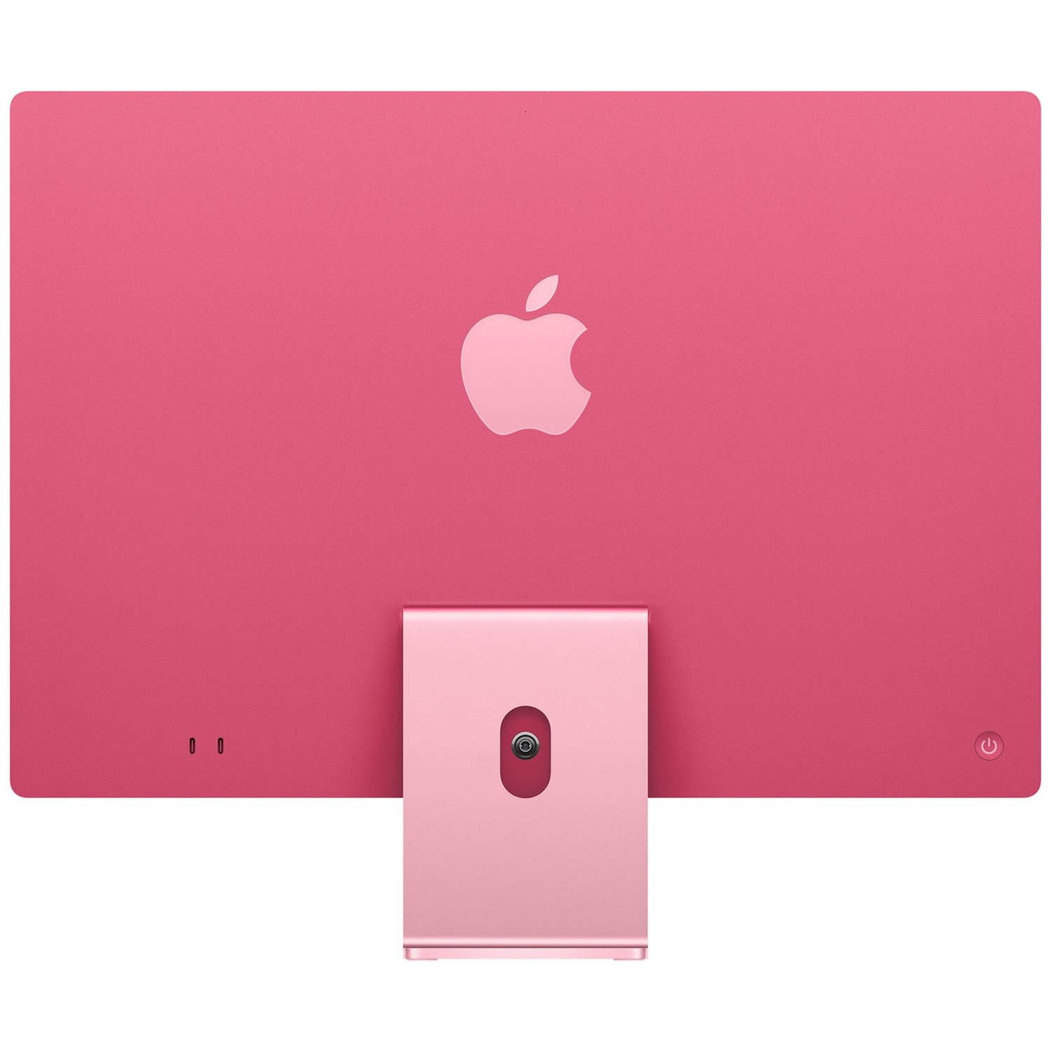 Achteraanzicht van een roze Apple iMac computer met standaard tegen een witte achtergrond.