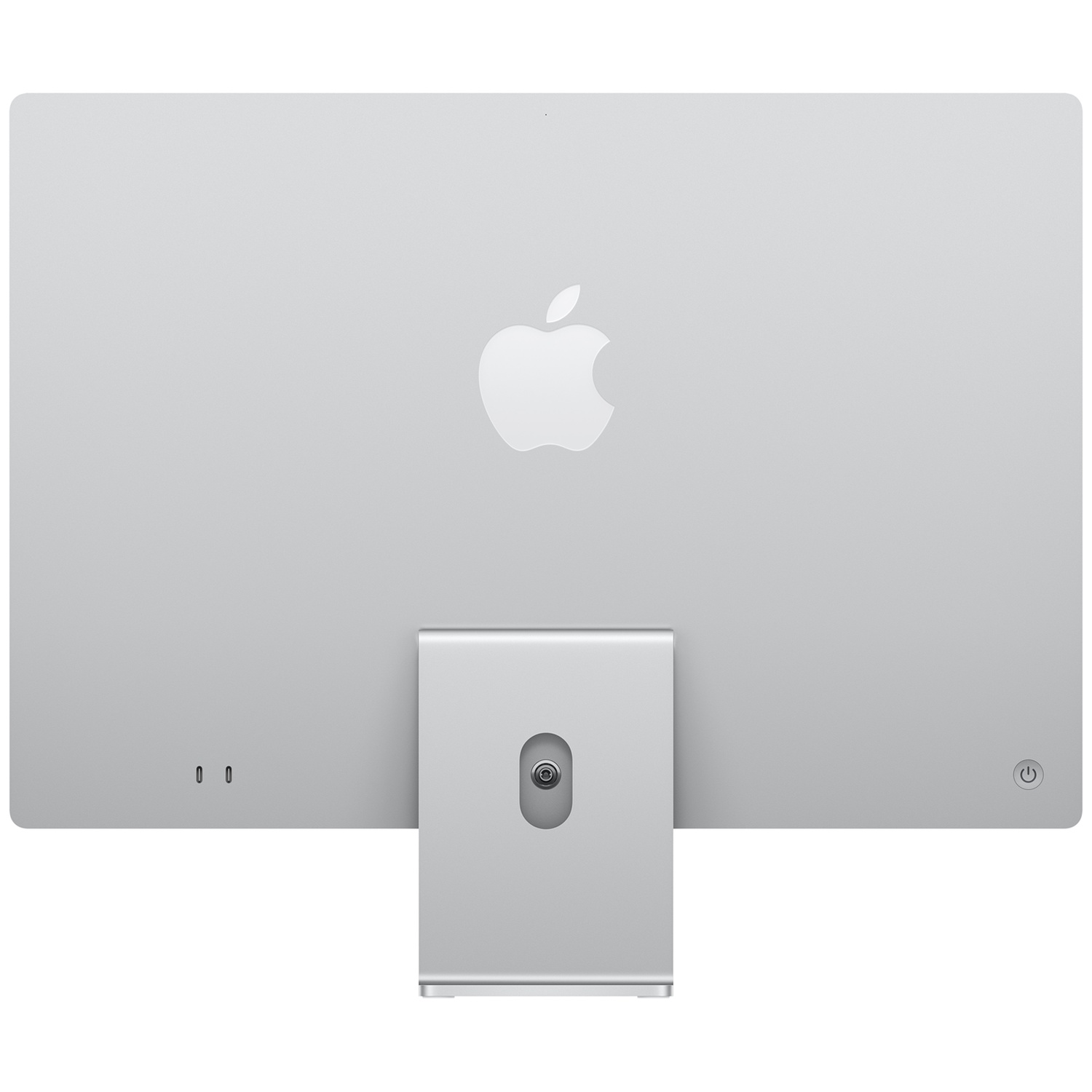 Achteraanzicht van een zilveren iMac met een Apple-logo in het midden en standaard.