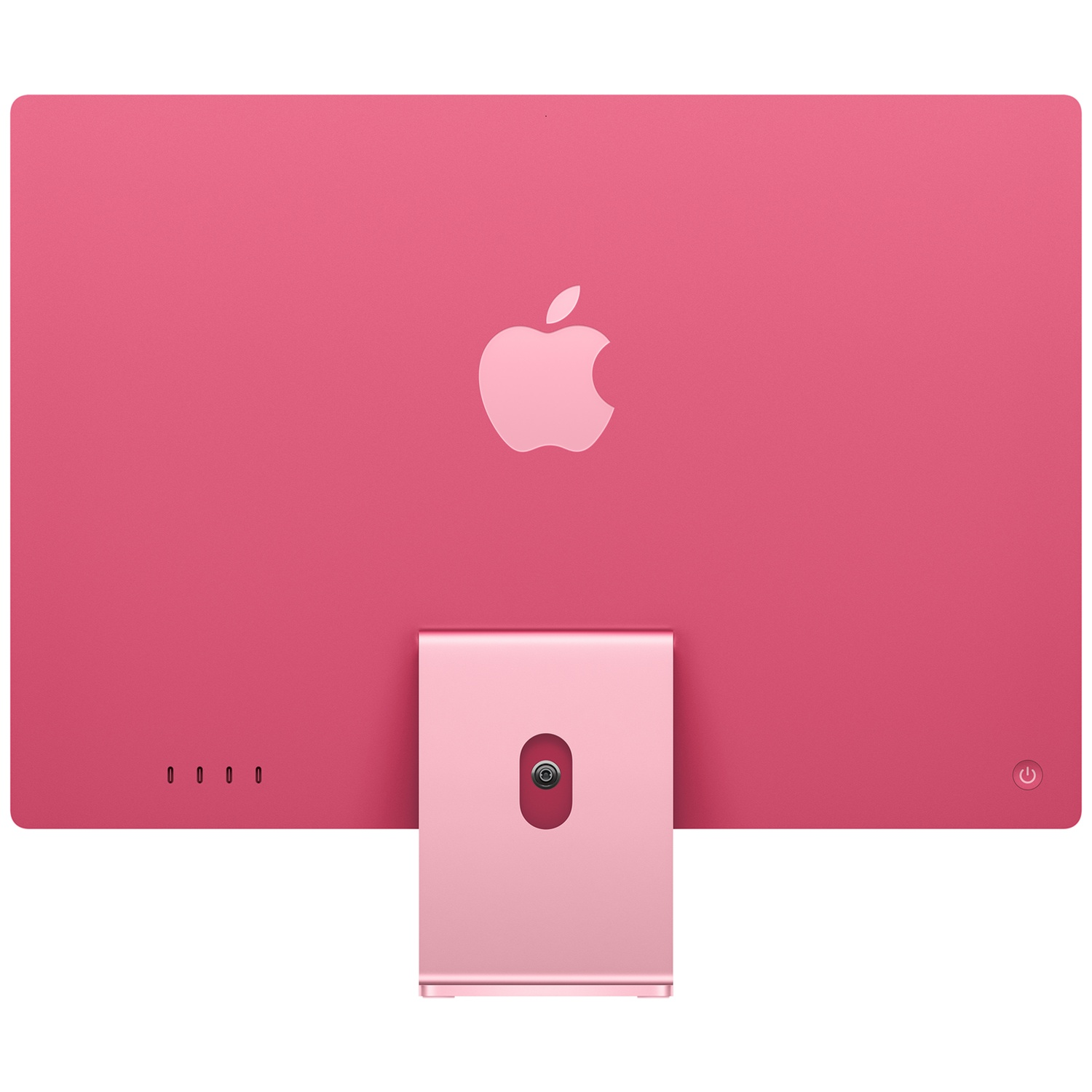 Achteraanzicht van een roze Apple iMac met standaard, Apple-logo en poorten tegen een witte achtergrond.