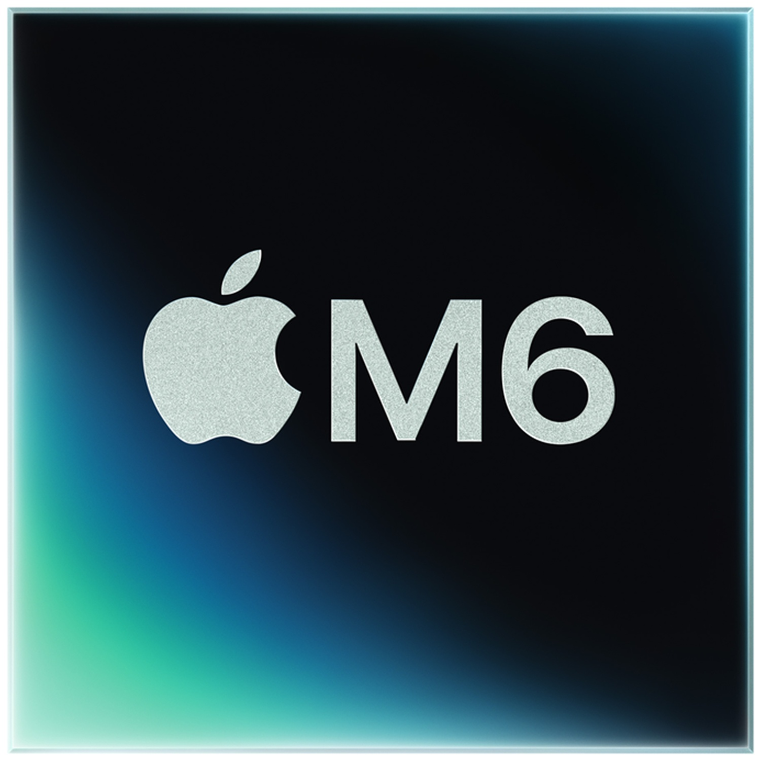 Het Apple-logo naast de tekst M6 op een donkere achtergrond met groene accenten.