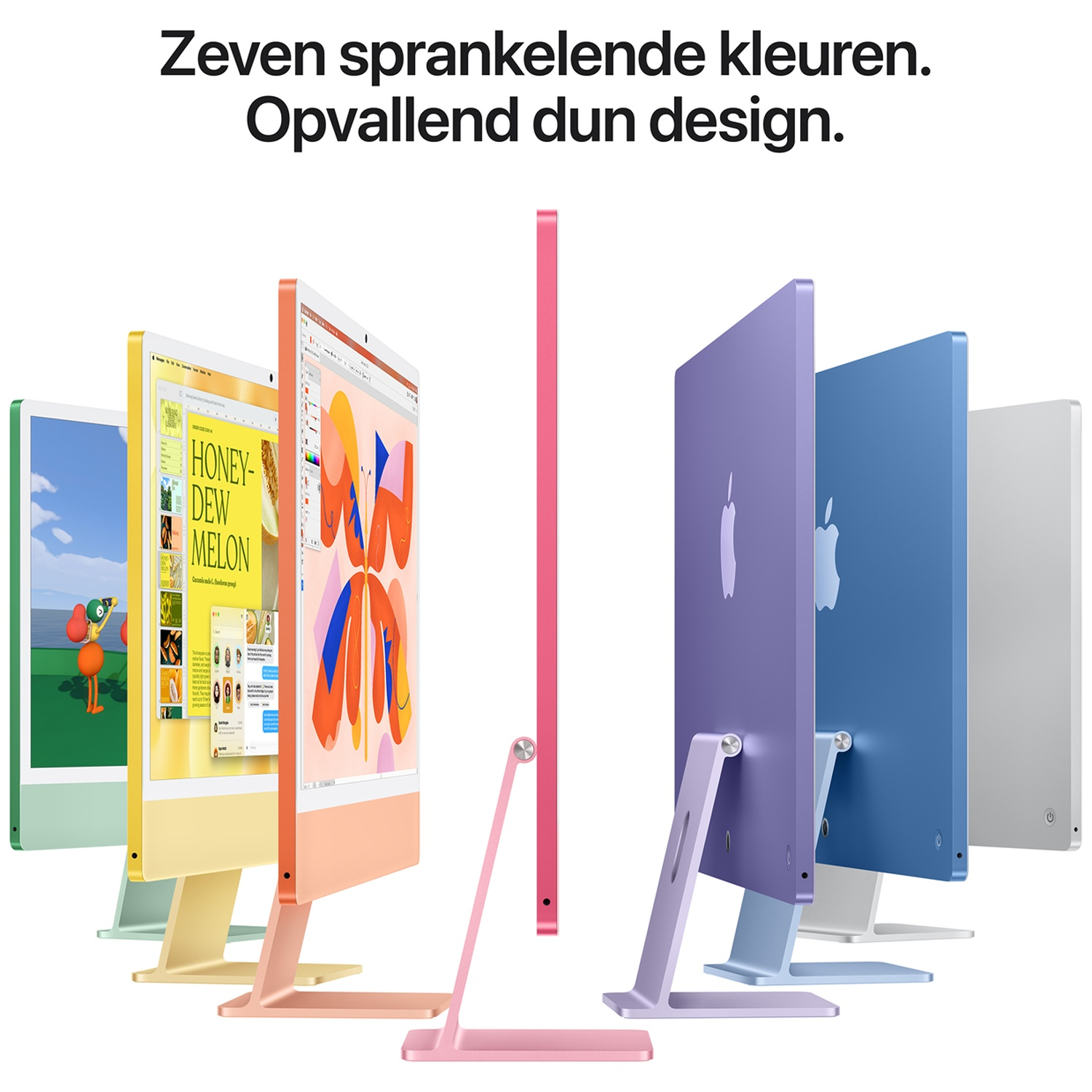 Zeven kleurrijke, dunne desktopcomputers in verschillende levendige tinten op een rij tegen een lichte achtergrond.
