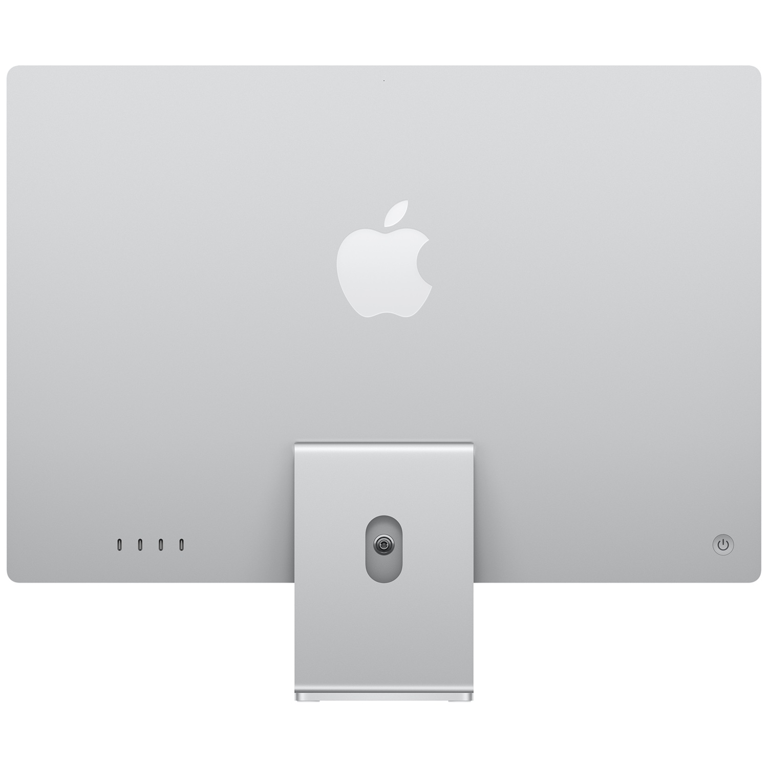 Achteraanzicht van een zilveren Apple-desktopcomputer met een apple-logo en een standaard op een witte achtergrond.