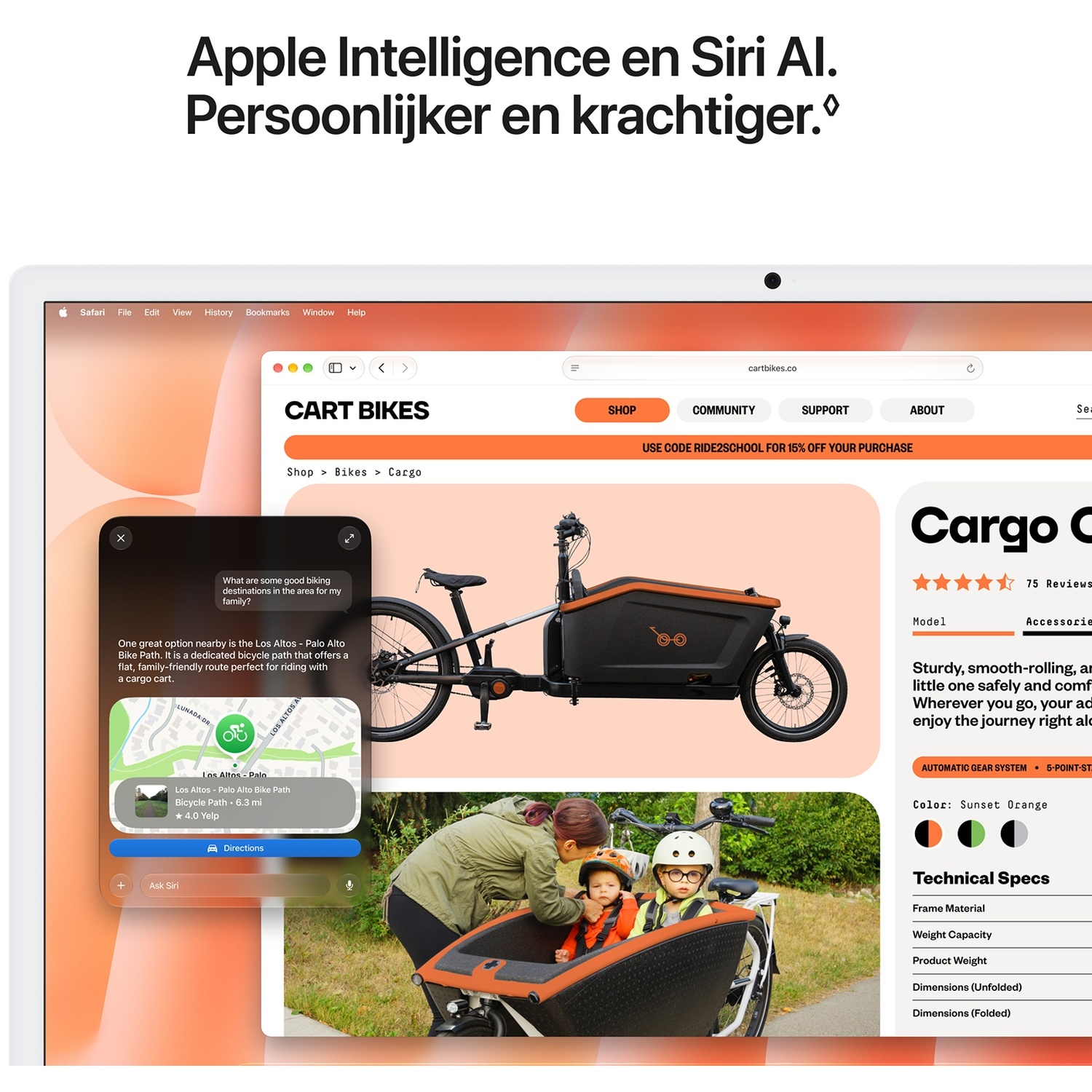 Een laptop toont een fietswebsite met AI-chat en kinderen in een bakfiets.