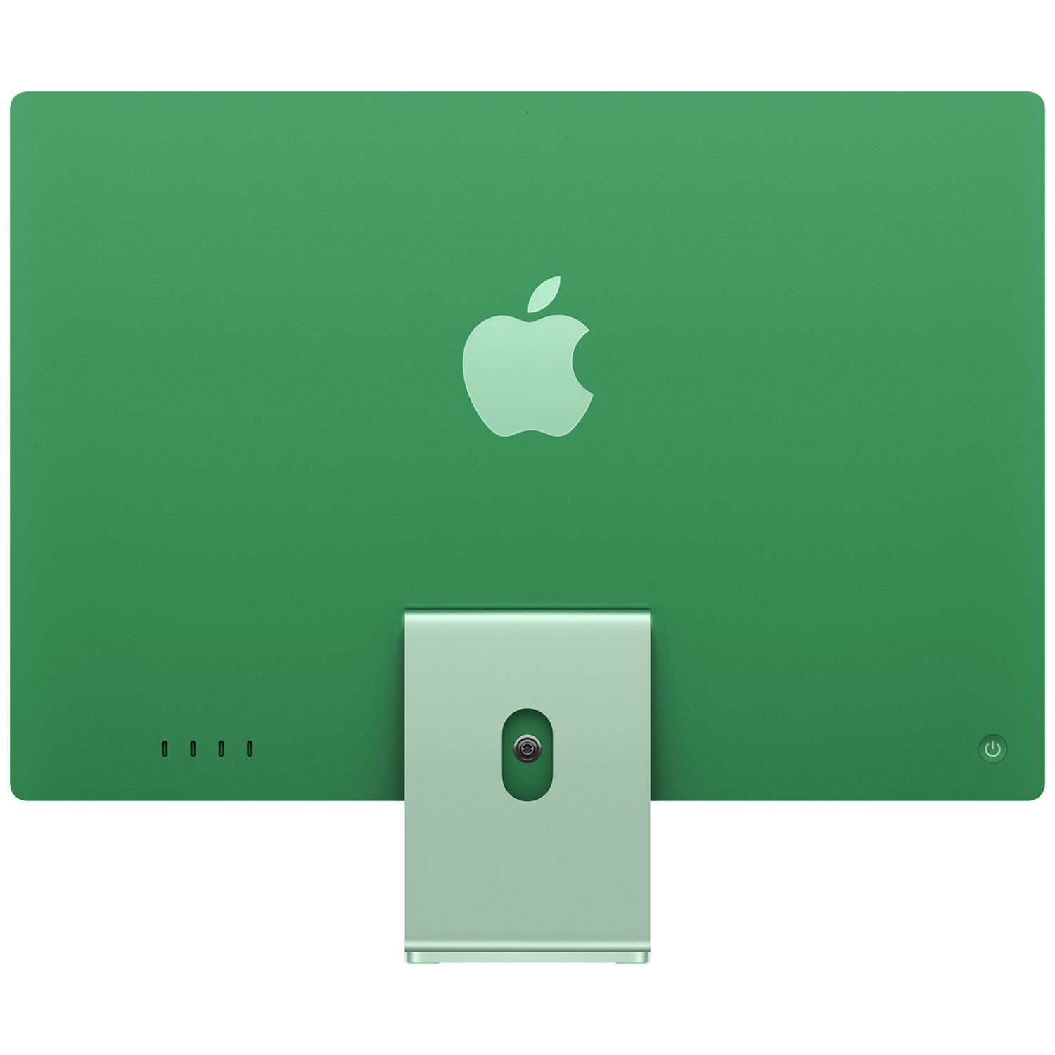 Achteraanzicht van een groene Apple iMac met standaard, poorten en aan/uit-knop op een witte achtergrond.