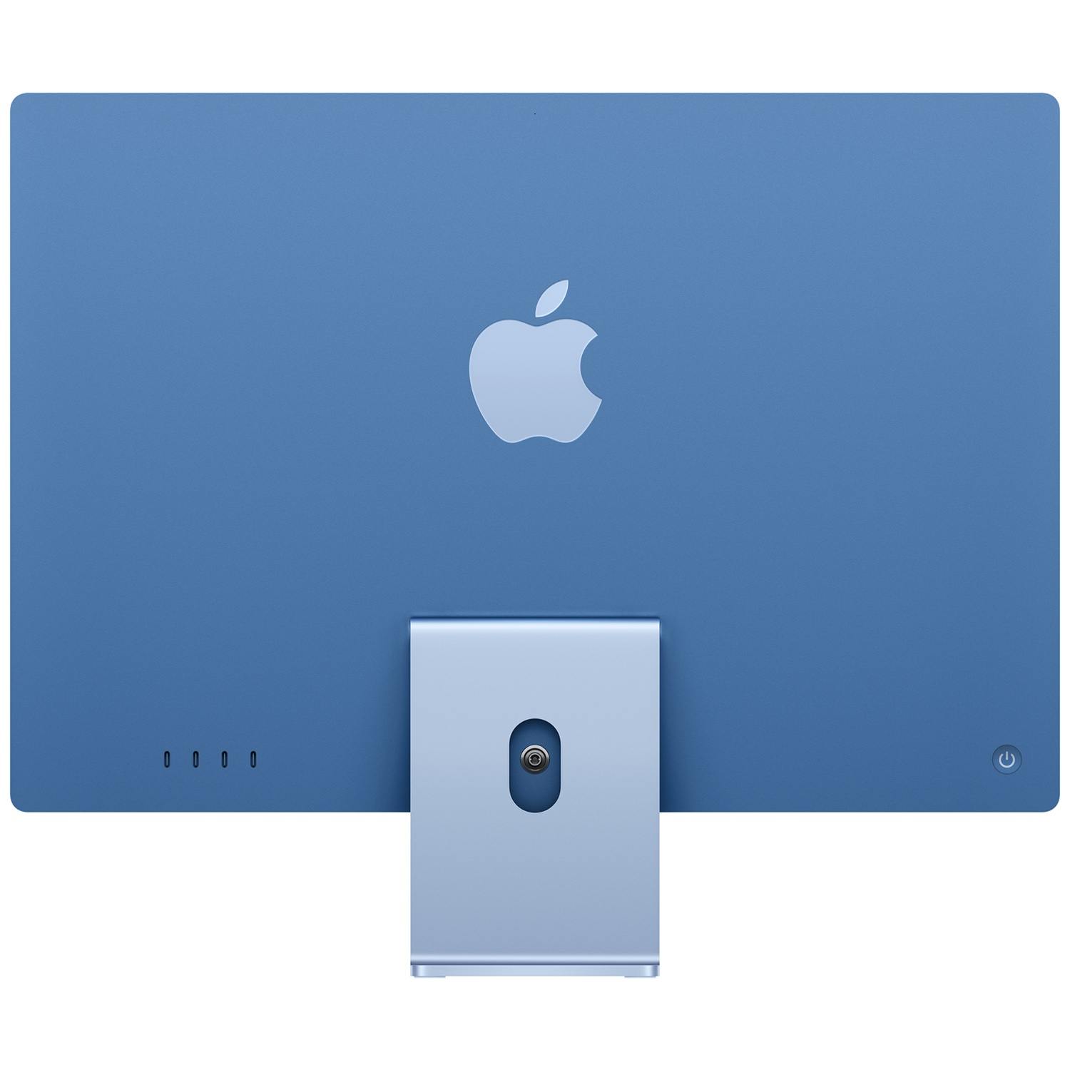 Achteraanzicht van een blauwe Apple iMac met zilveren stand op witte achtergrond.
