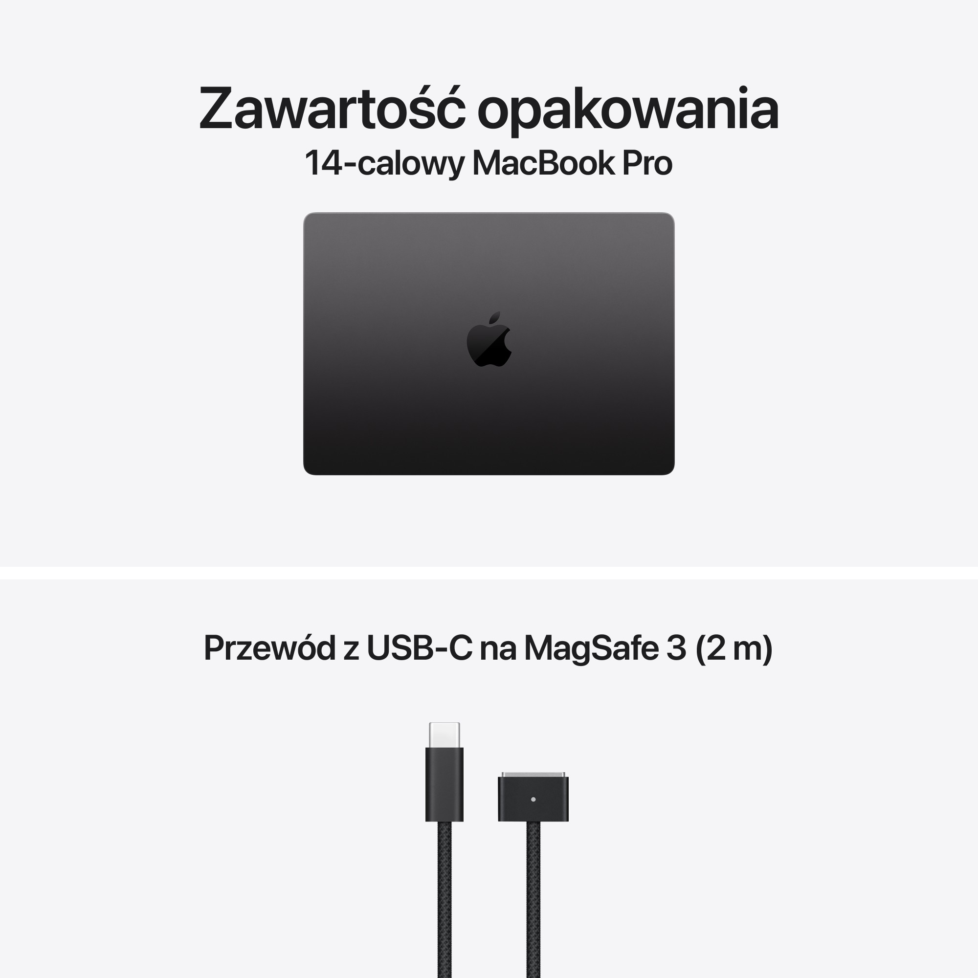 Zawartość opakowania: 14-calowy MacBook Pro i przewód z USB-C na MagSafe 3.