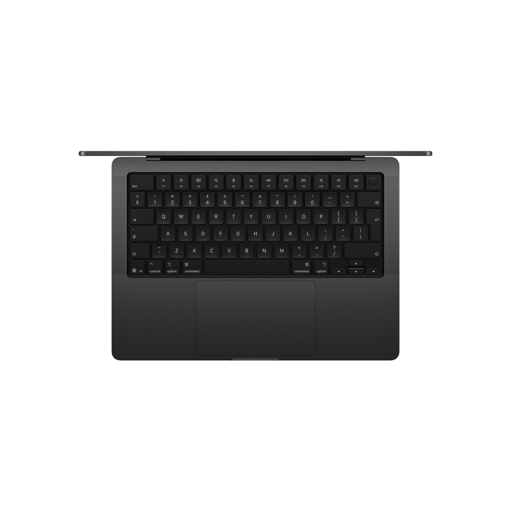 Widok z góry na ciemną klawiaturę laptopa i touchpad na białym tle.