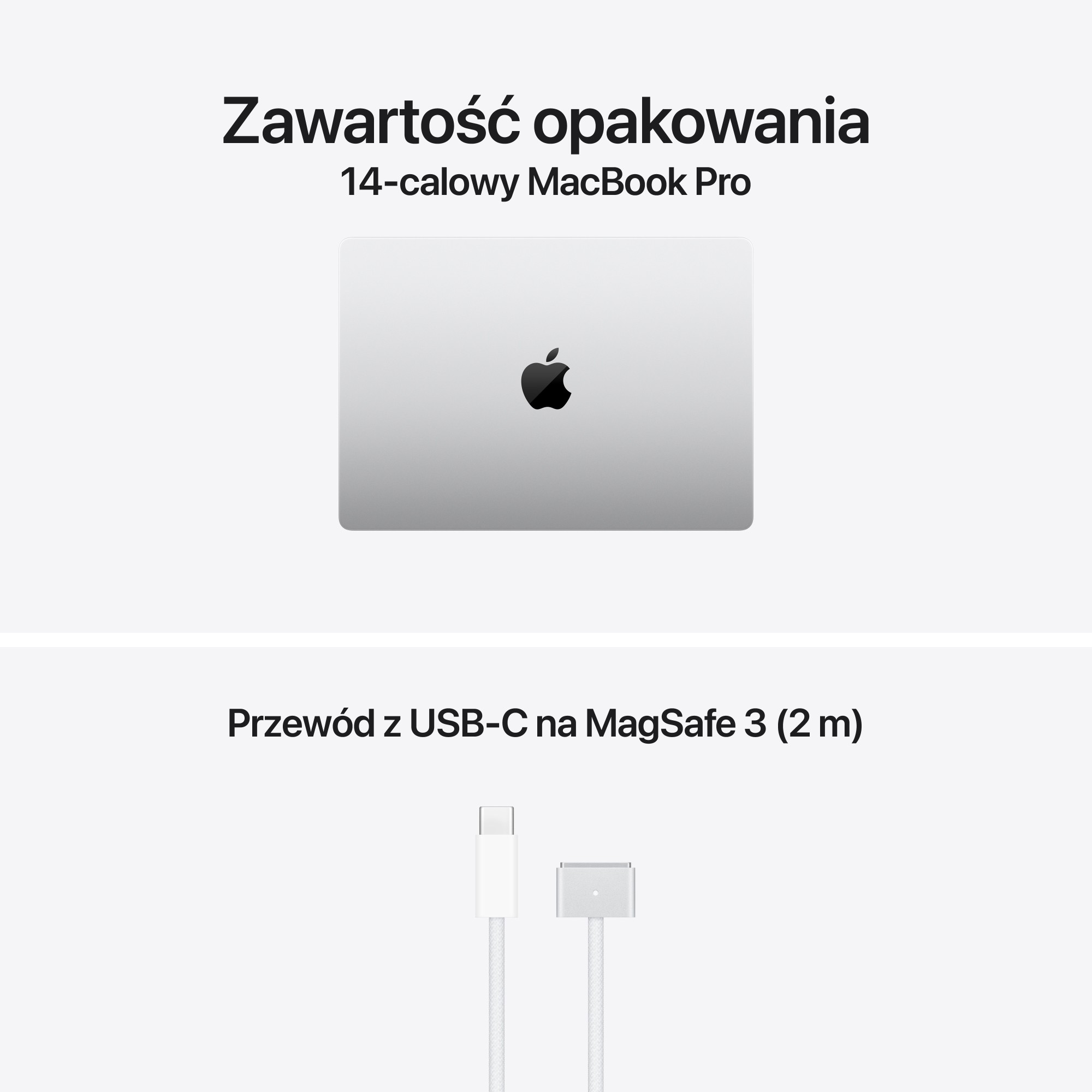 Zawartość opakowania z 14-calowym MacBookiem Pro i przewodem USB-C na MagSafe 3 (2 m).