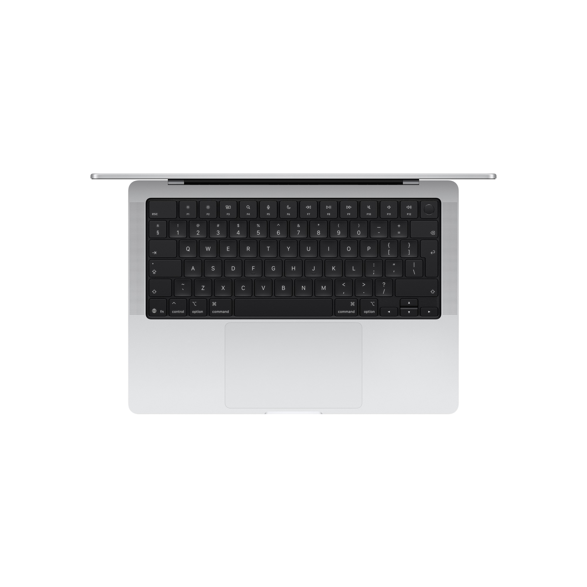 Widok z góry na srebrny laptop z czarną klawiaturą i dużym panelem dotykowym na białym tle.