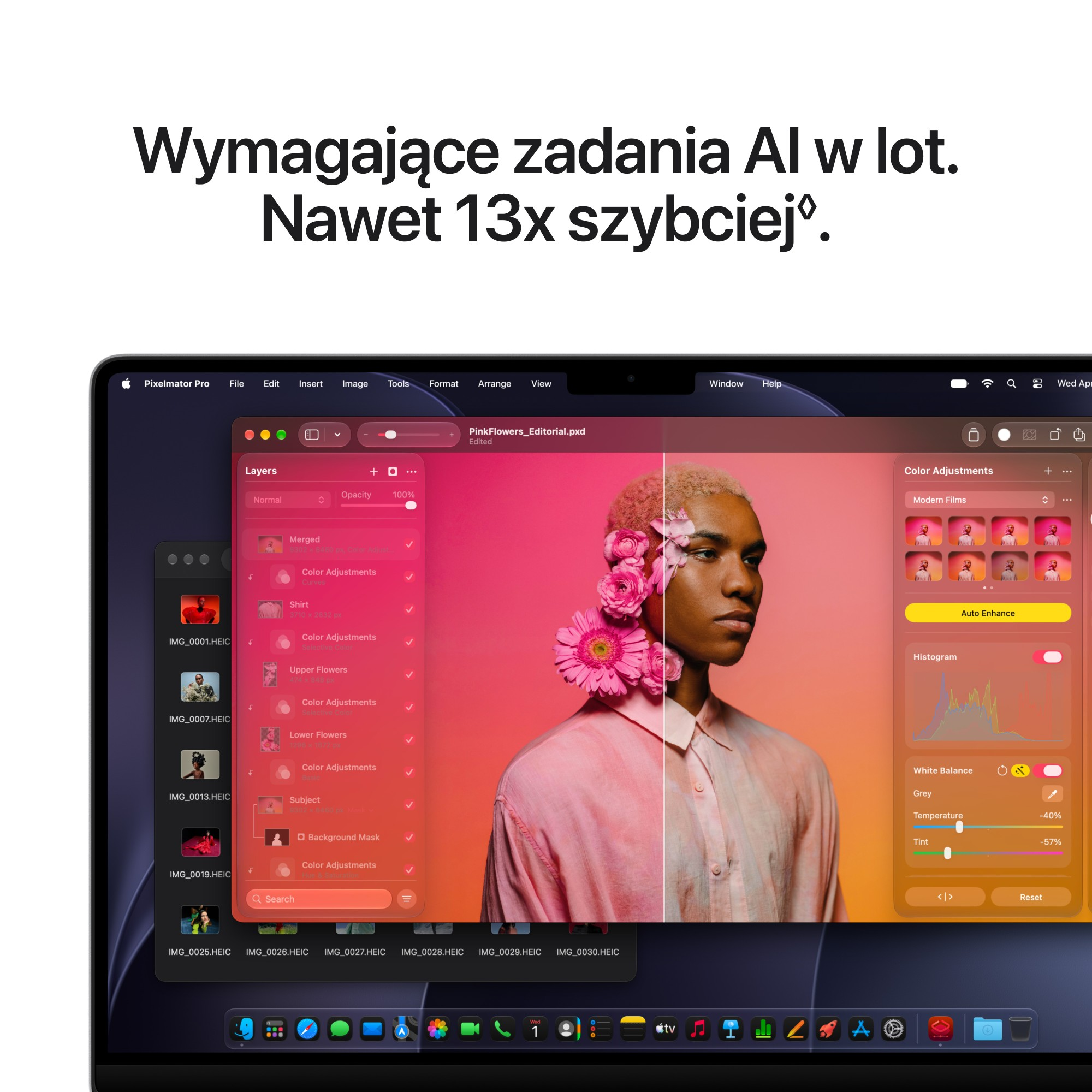 Ekran komputera Mac przedstawia aplikację do edycji zdjęć z warstwami i korektą kolorów.