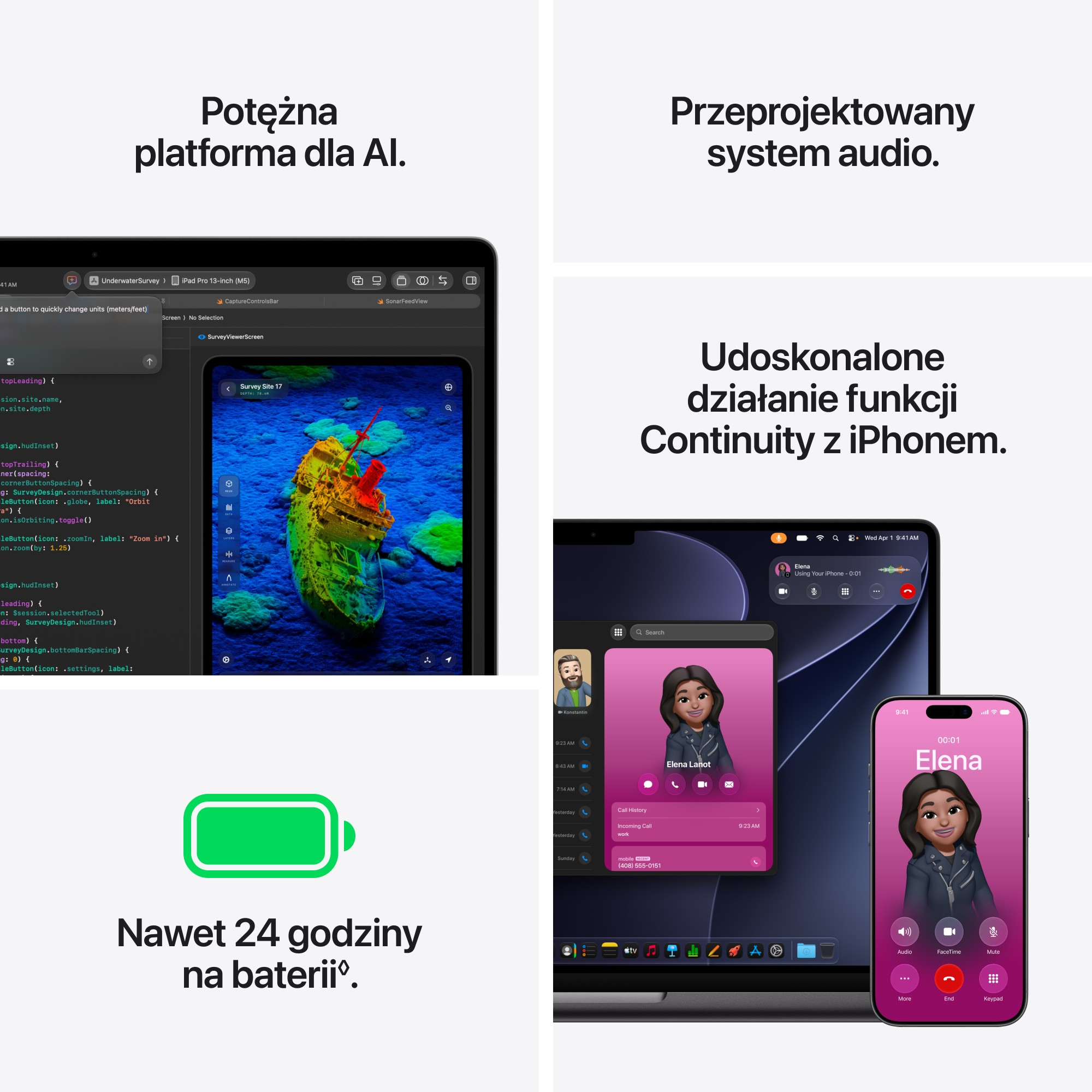 Kolaż marketingowy przedstawiający urządzenia Apple, interfejsy oprogramowania i polski tekst.