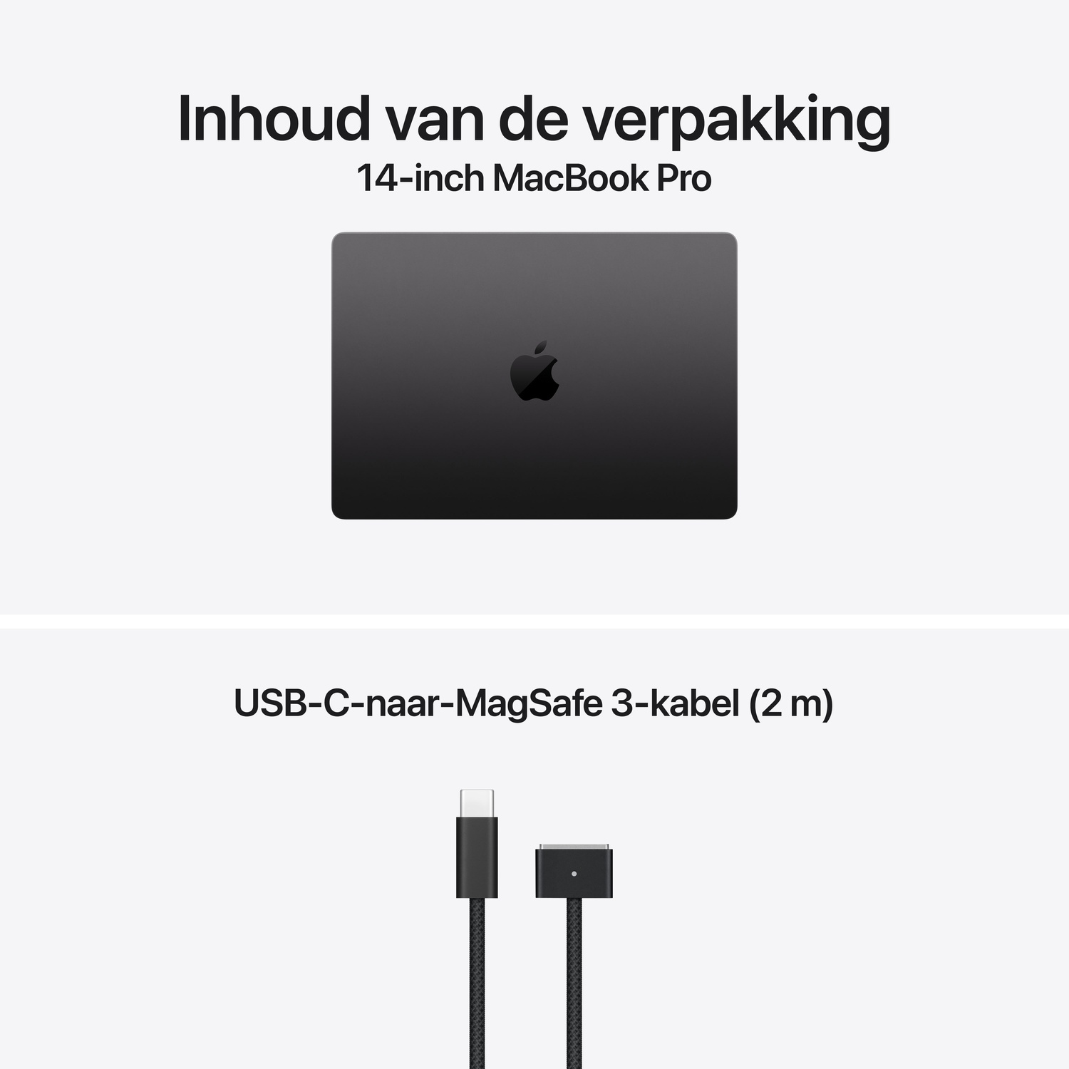 Inhoud van de verpakking: 14-inch MacBook Pro en USB-C-naar-MagSafe-3-kabel.