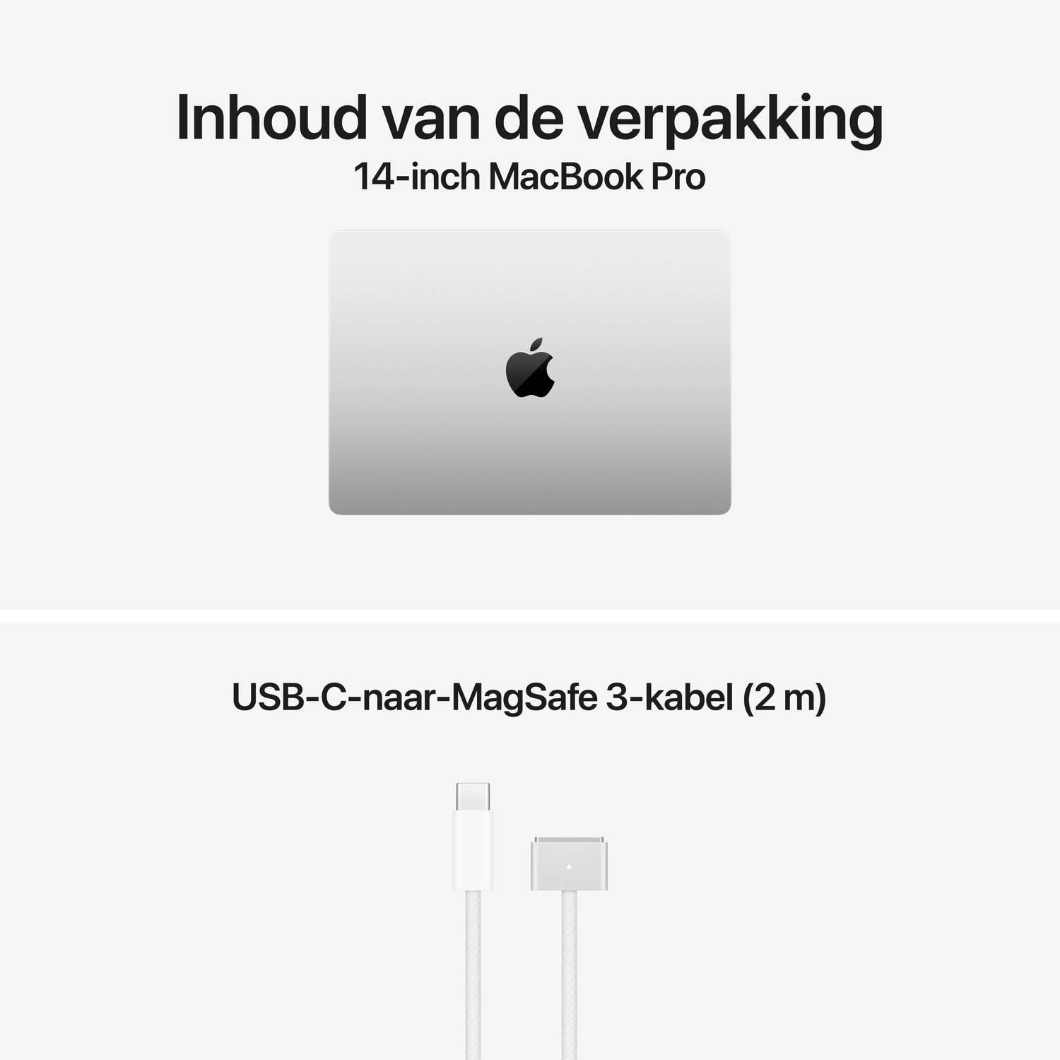 Inhoud van de verpakking: 14-inch MacBook Pro en een USB-C-naar-MagSafe 3-kabel (2 m).