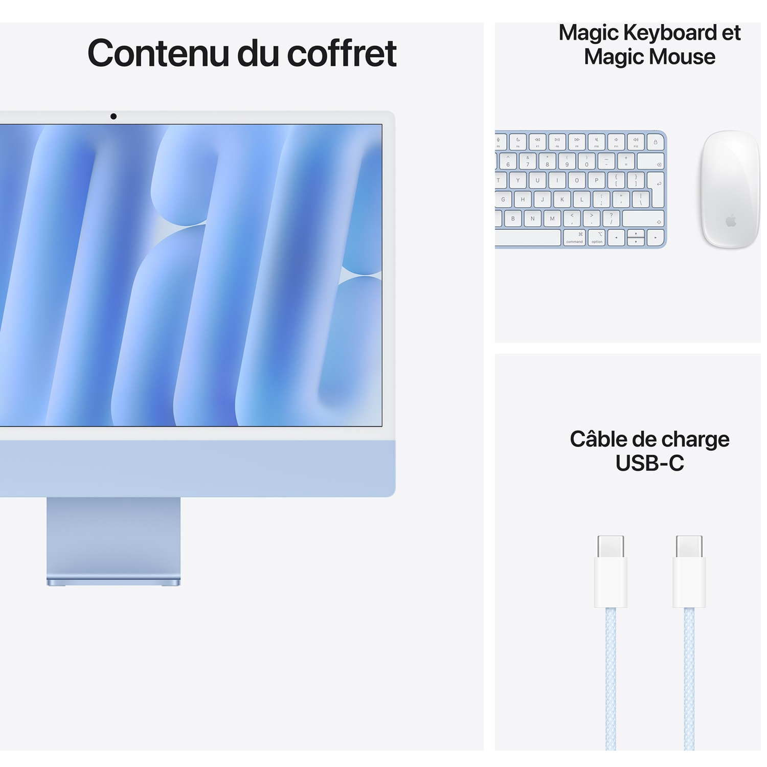 Contenu du coffret : Un iMac bleu, un Magic Keyboard, une Magic Mouse et un câble de charge USB-C.